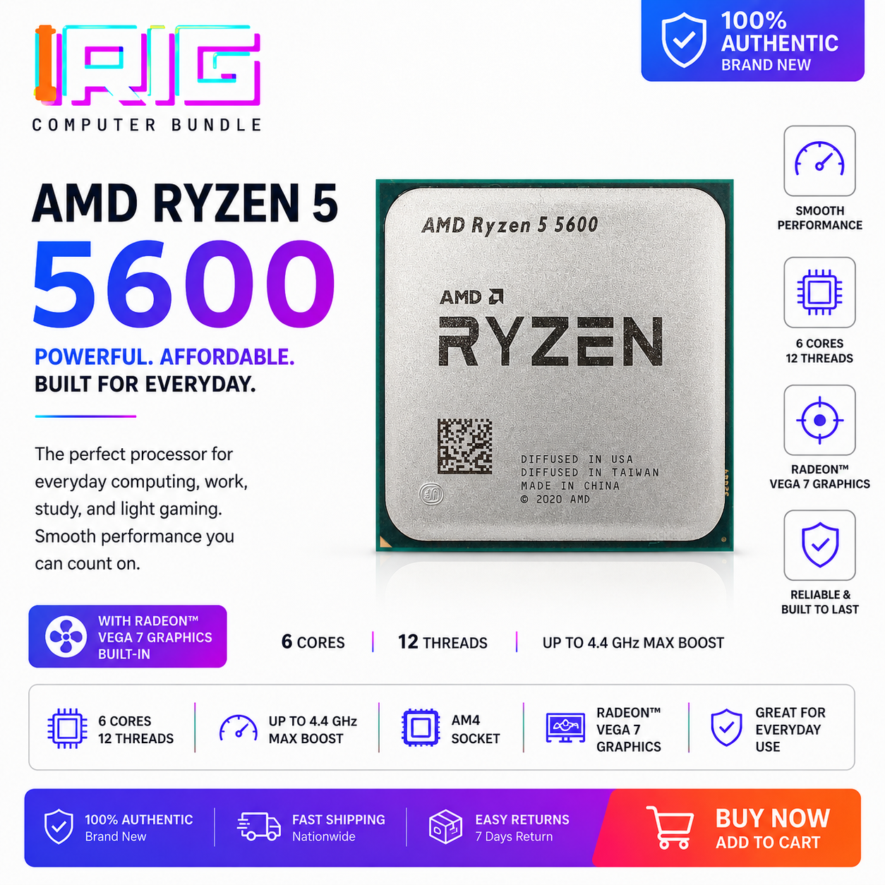 AMD RYZEN 5 5600 3.5-4.4 GHz 6-Core Socket AM4 MPK (100-000000927MPK)