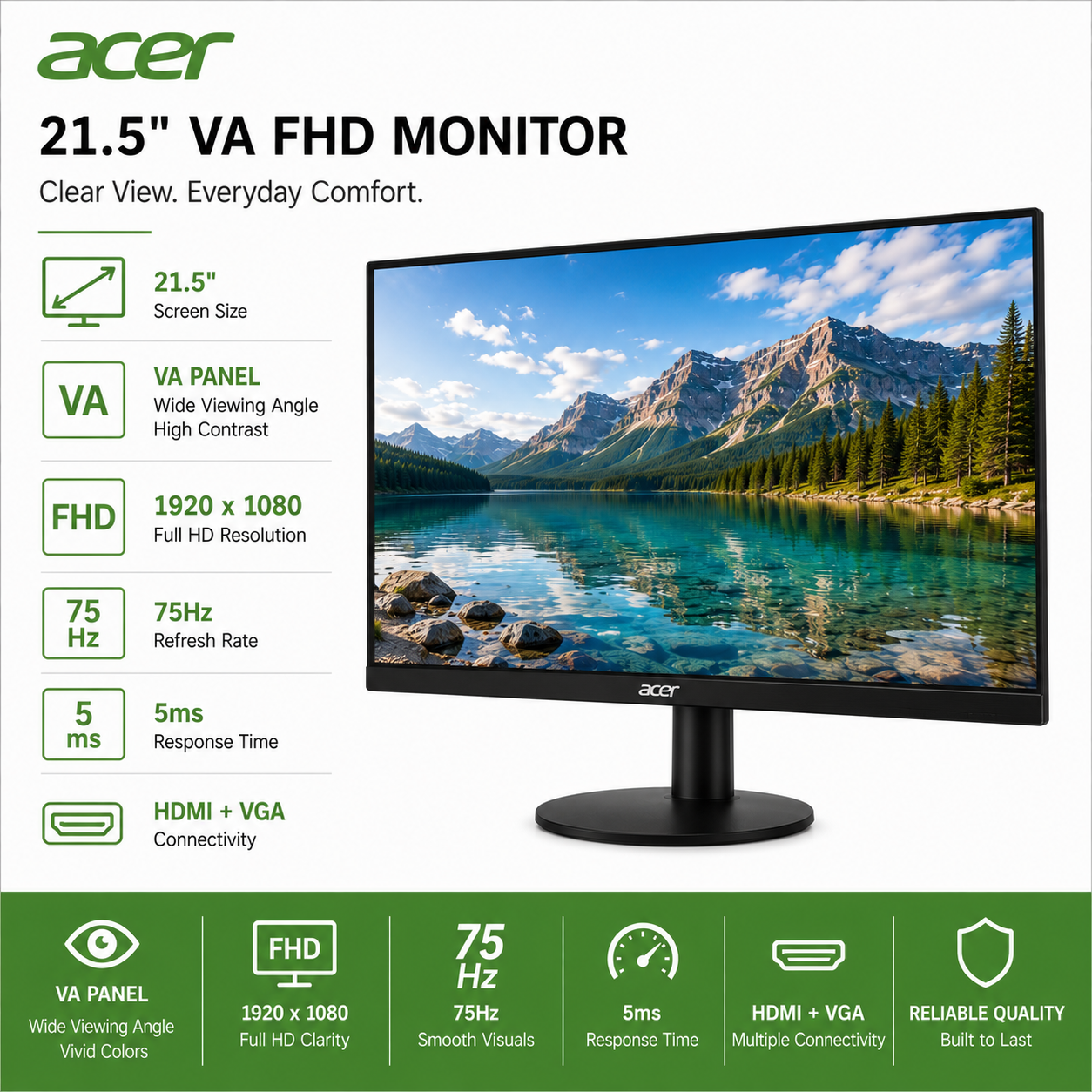 ACER 21.5" VA FHD 75Hz 5ms Monitor (EK220QA)