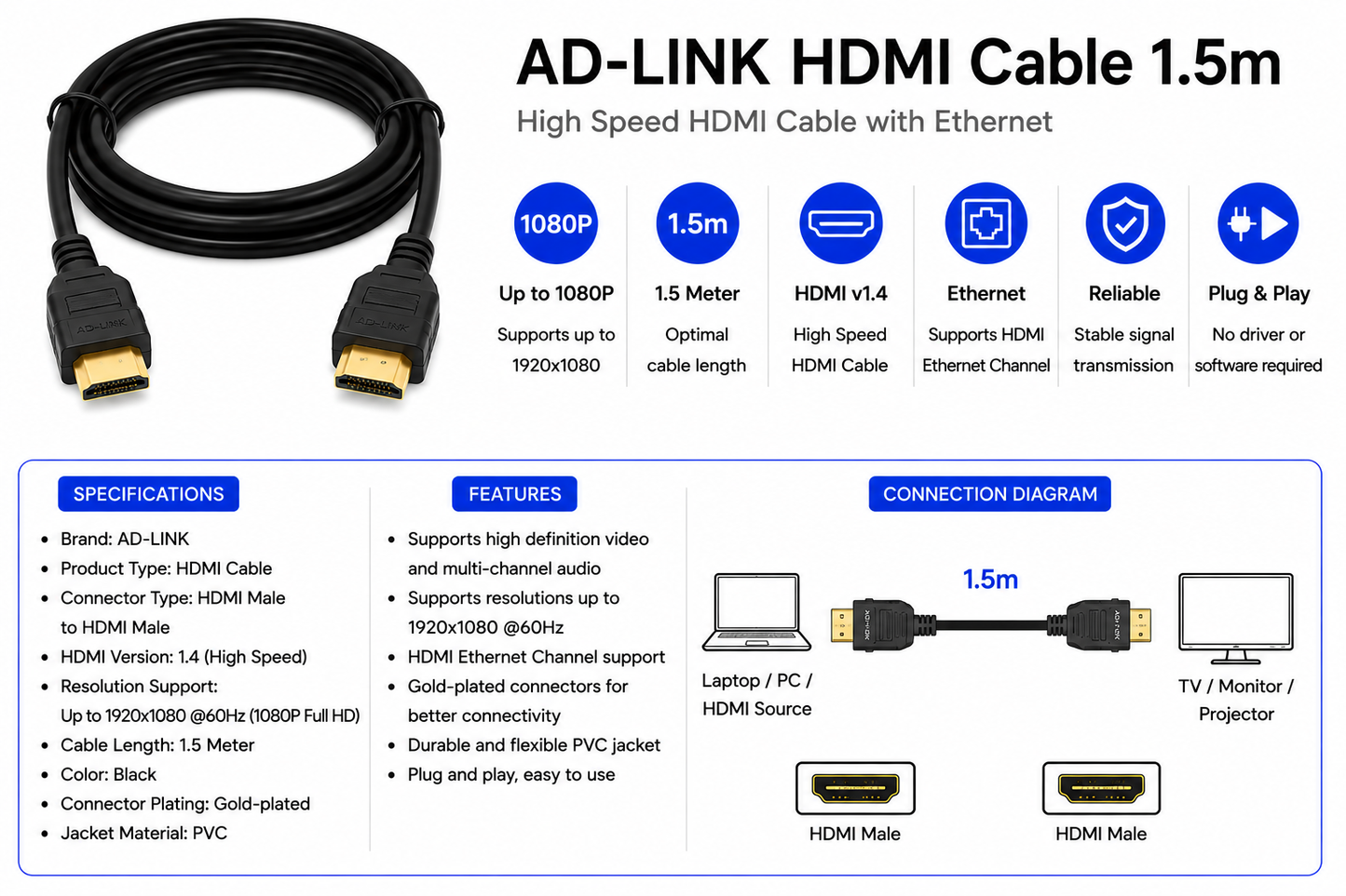 AD-LINK HDMI Cable 1.5m (AD-L-HDMI-1-5M)
