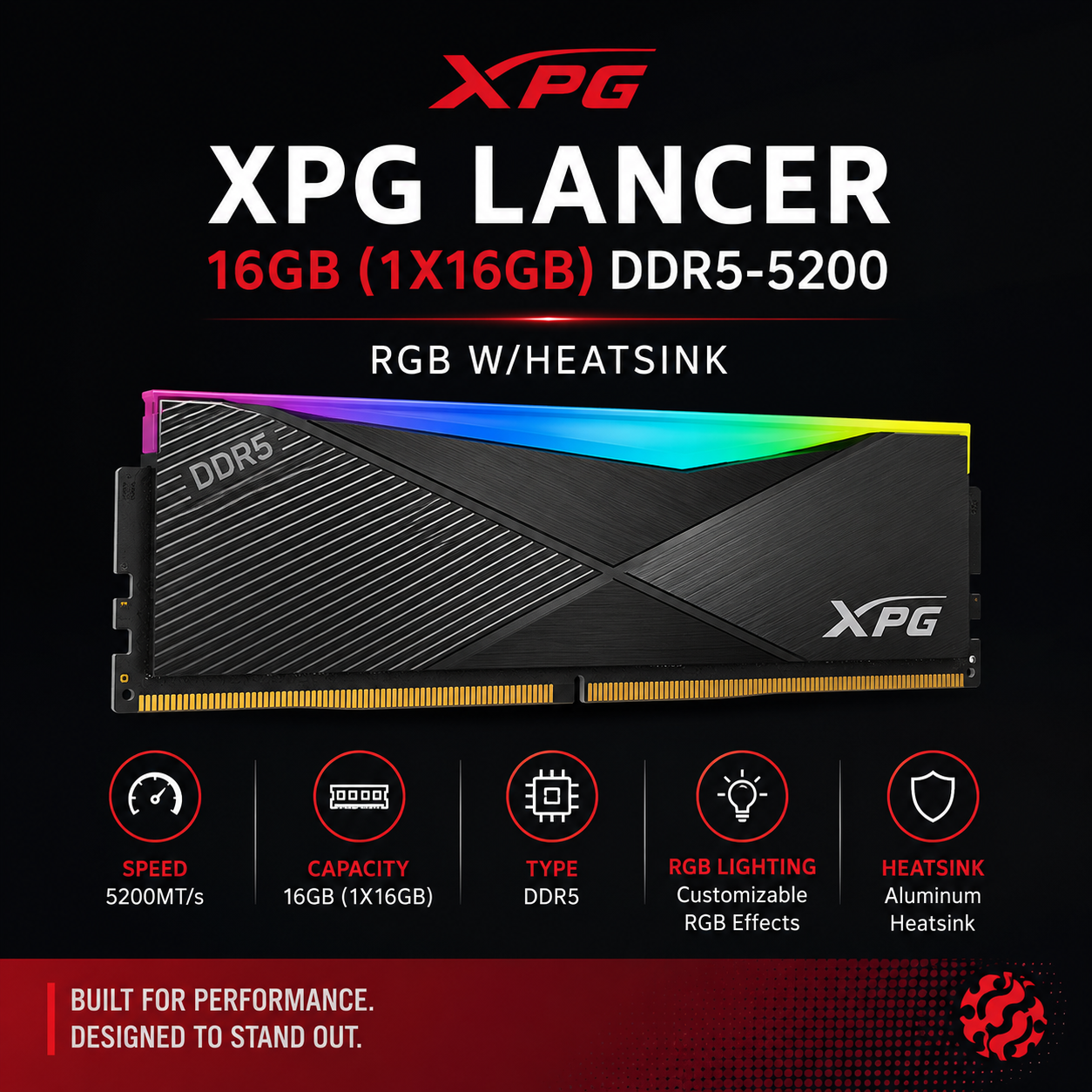 ADATA XPG LANCER 16GB (1X16GB) DDR5-5200 RGB W/HEATSINK (AX5U5200C3816G-CLARBK)