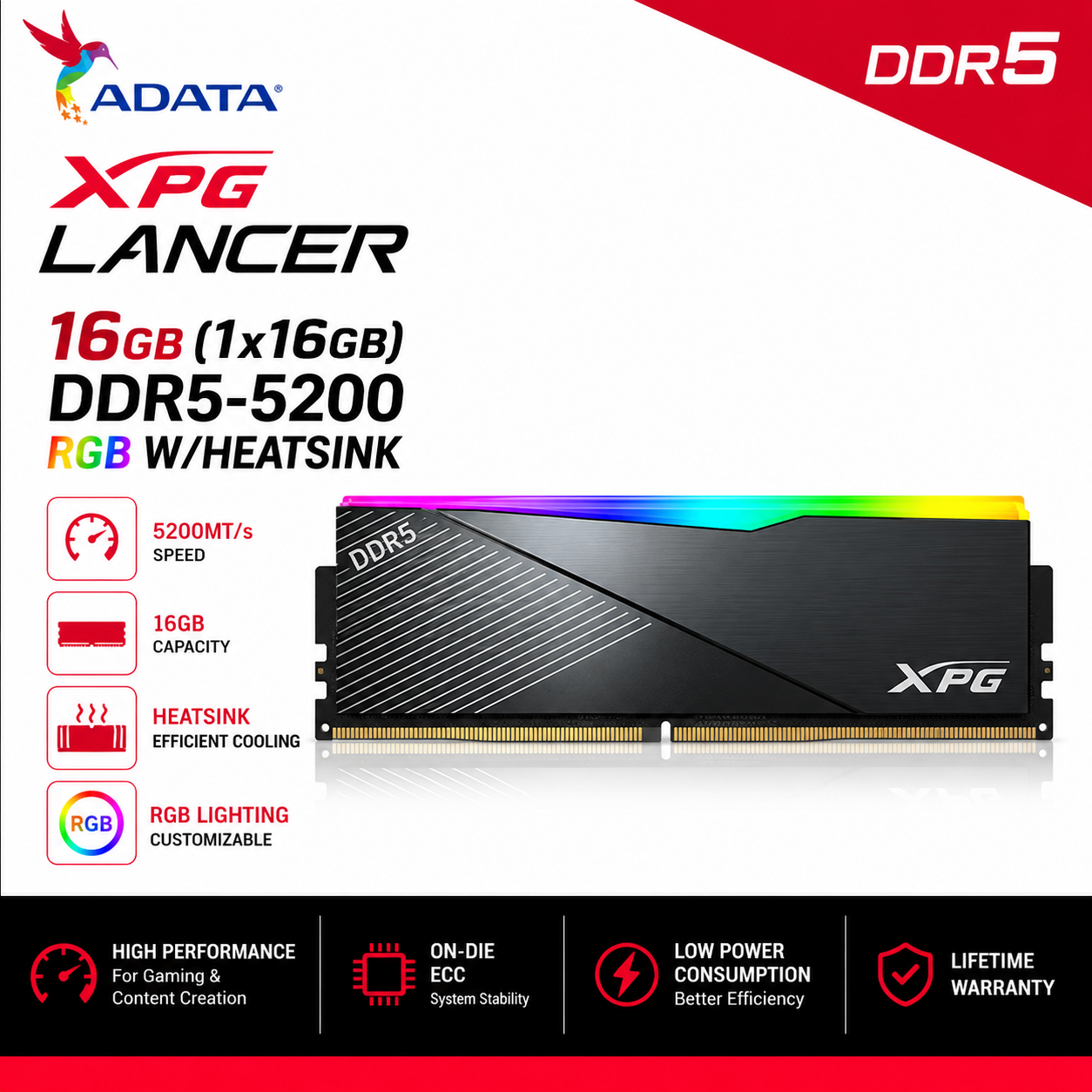 ADATA XPG LANCER 16GB (1X16GB) DDR5-5200 W/HEATSINK (AX5U5200C3816G-CLABK)