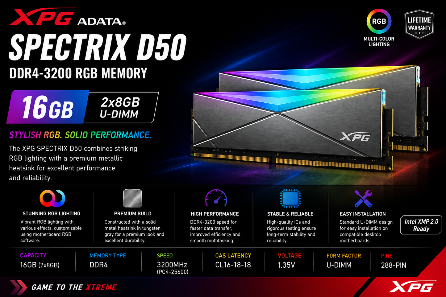 ADATA XPG SPECTRIX D50 16GB(2X8GB) DDR4-3200 RGB -TUNGSTEN GRAY (AX4U320016G16A-DT50-BOX)