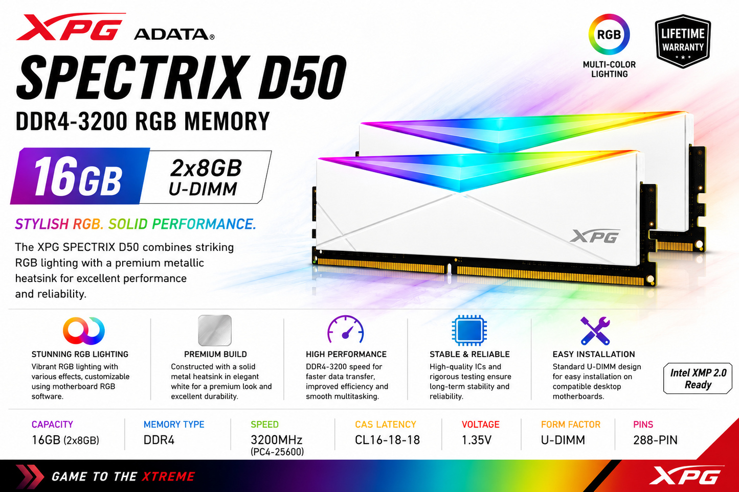 ADATA XPG SPECTRIX D50 16GB(2X8GB) DDR4-3200 RGB -WHITE (AX4U320016G16A-DW50-BOX)