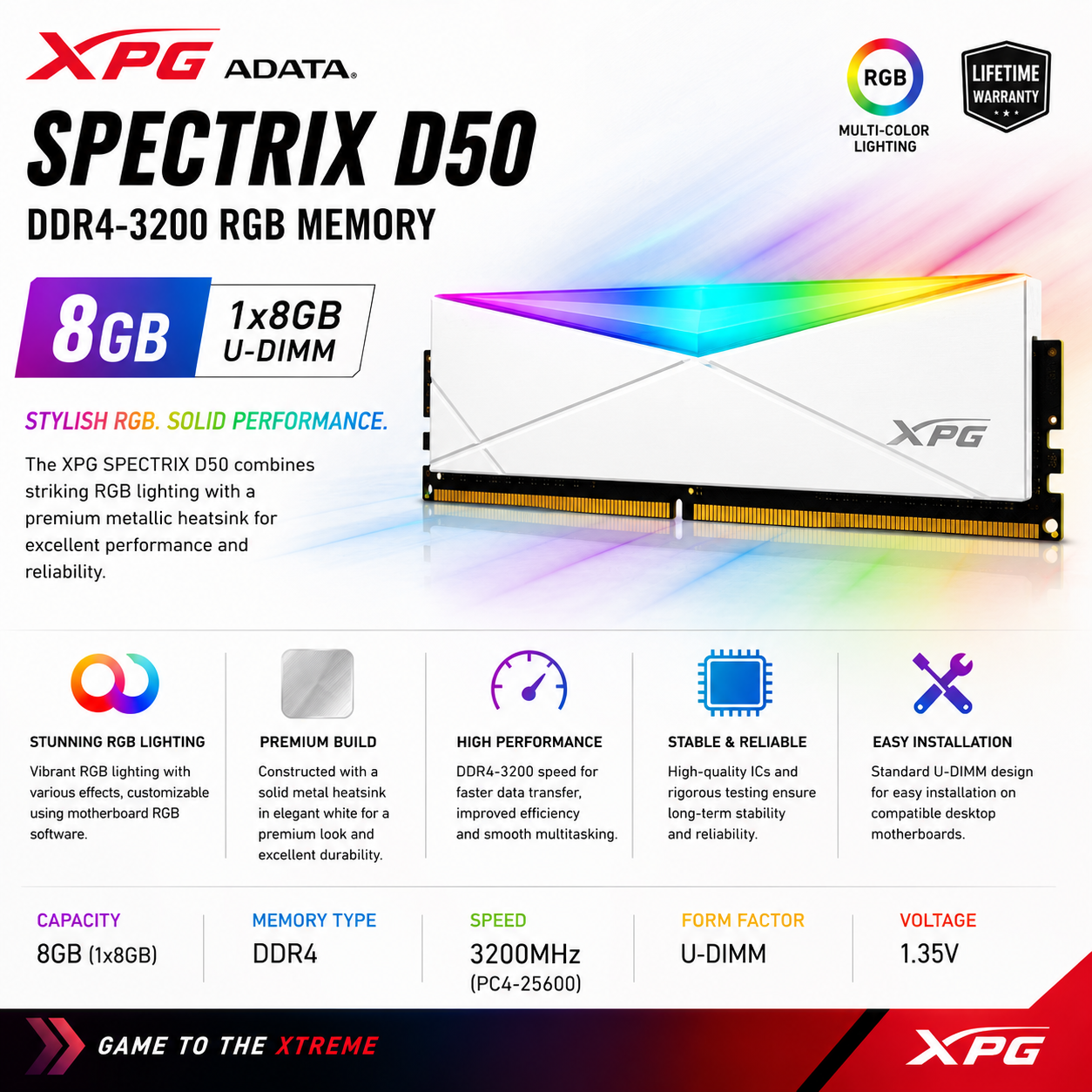 ADATA XPG SPECTRIX D50 8GB (1X8GB) DDR4-3200 RGB -WHITE (AX4U32008G16A-SW50)