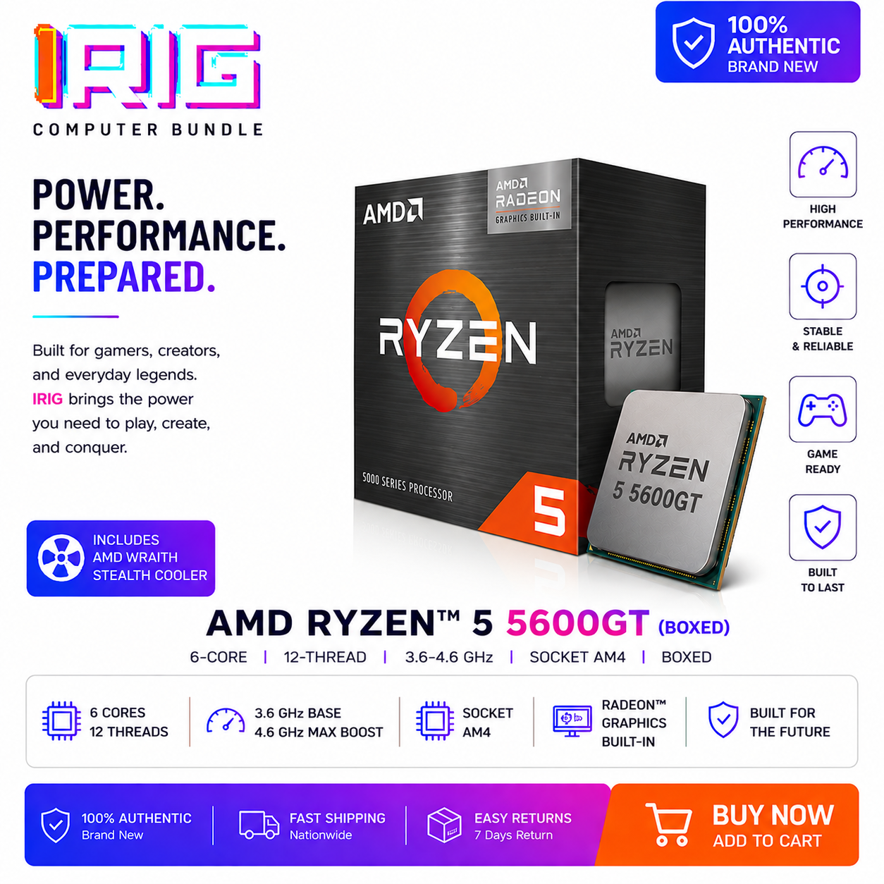 AMD RYZEN 5 5600GT 6-Core 12-Thread 3.6-4.6 GHz Socket AM4 (Boxed) (100-100001488BOX)