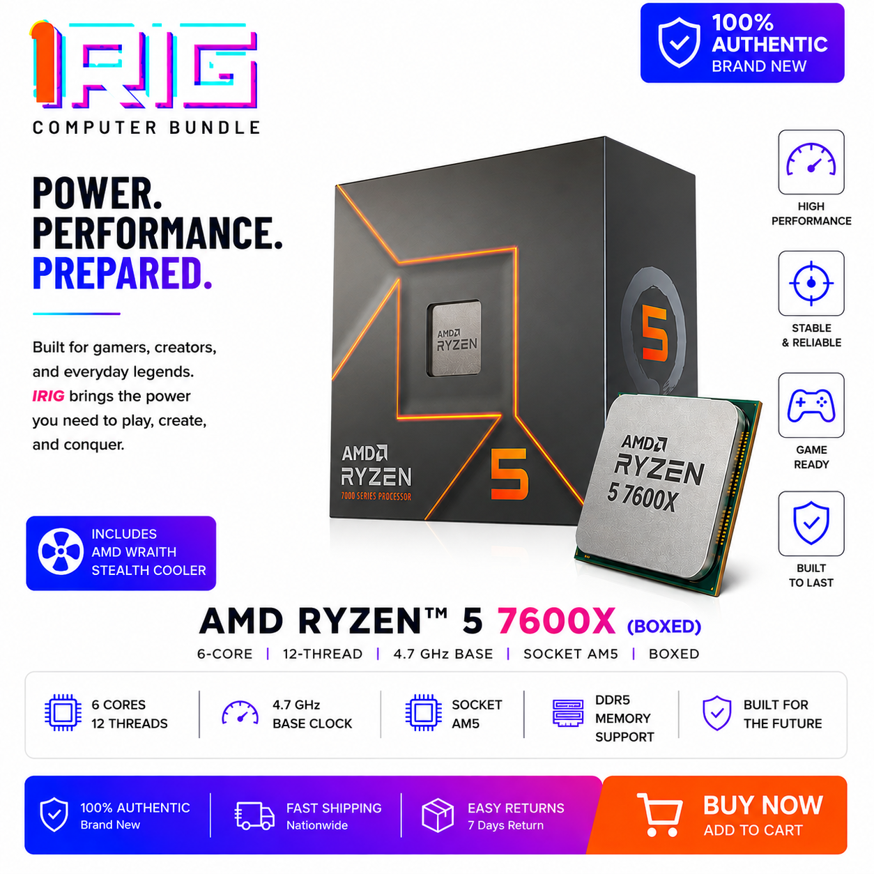 AMD RYZEN 5 7600X 6-Core 4.7 GHz Socket AM5 (Boxed) (100-000001155MPK)