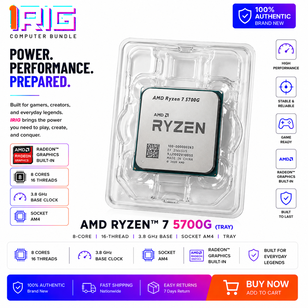 AMD RYZEN 7 5700G 8-Core 16-Thread 3.8 GHz Socket AM4 TRAY (100-100001236BOX)