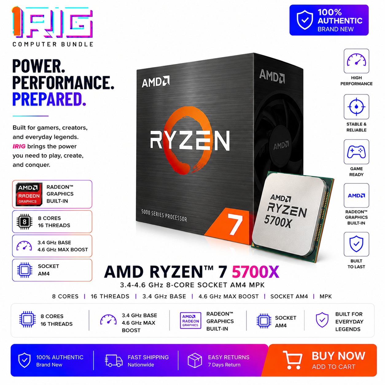 AMD RYZEN 7 5700X 3.4-4.6 GHz 8-Core Socket AM4 MPK (100-100001503WOF)