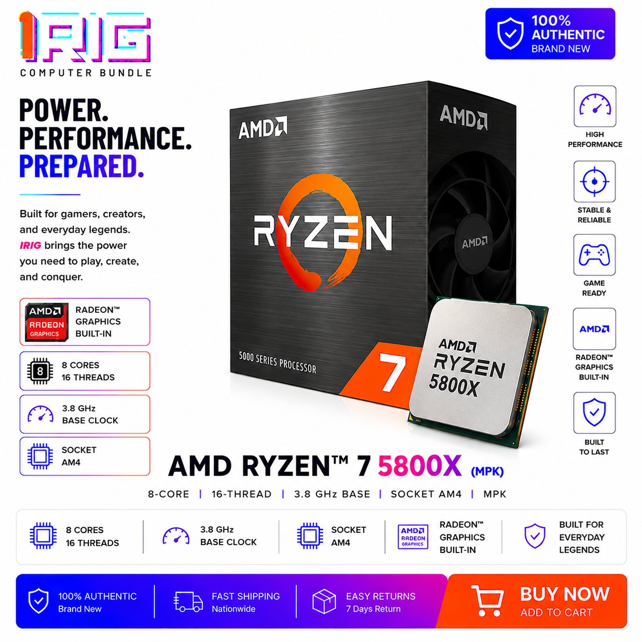 AMD RYZEN 7 5800X 8-Core 3.8 GHz Socket AM4 MPK (100-000000263MPK)