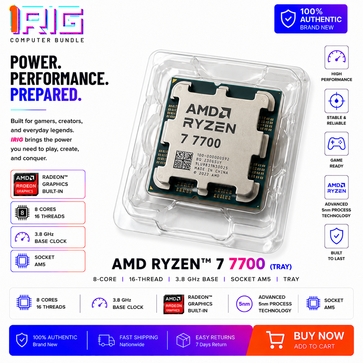 AMD RYZEN 7 7700 8-Core 3.8 GHz Socket AM5 TRAY (100-100000063WOF)