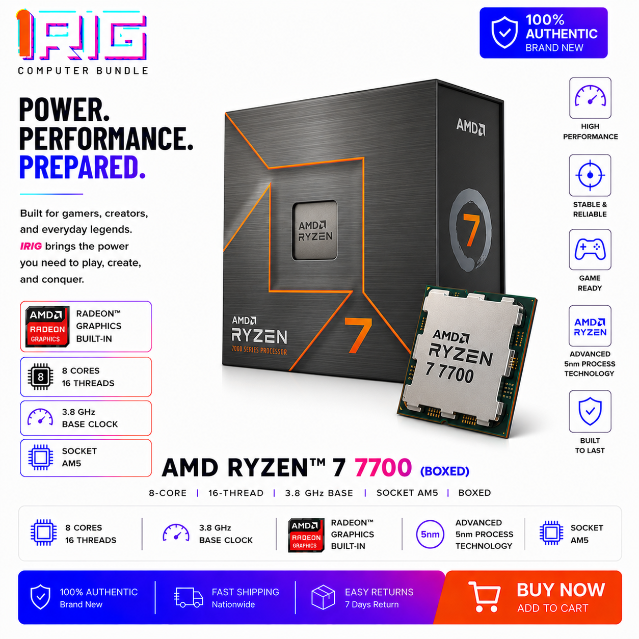 AMD RYZEN 7 7700 8-Core 3.8 GHz Socket AM5 (Boxed) (100-100000651WOF)