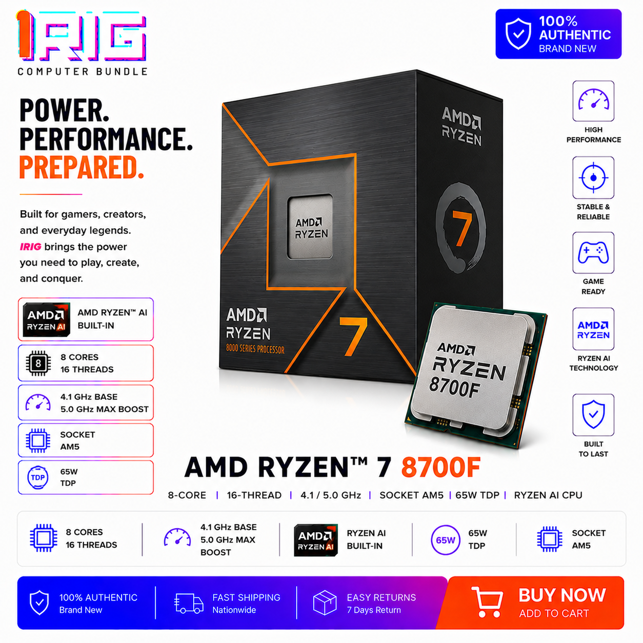 AMD RYZEN 7 8700F 8-Core 16-Thread 4.1/5.0 Ghz Socket AM5 65W RYZEN AI CPU (100-100000910BOX)