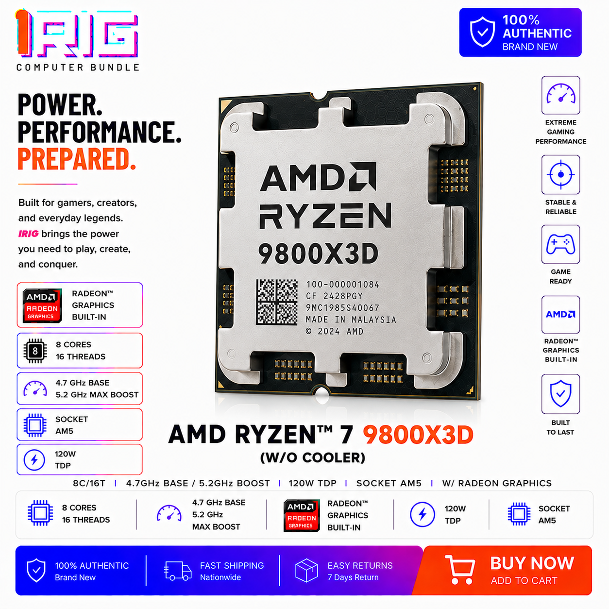 AMD RYZEN 7 9800X3D 8C/16T 4.7GHZ/5.2GHZ 120W W/ RADEON GRAPHICS W/O COOLER (100-100001236BOX)