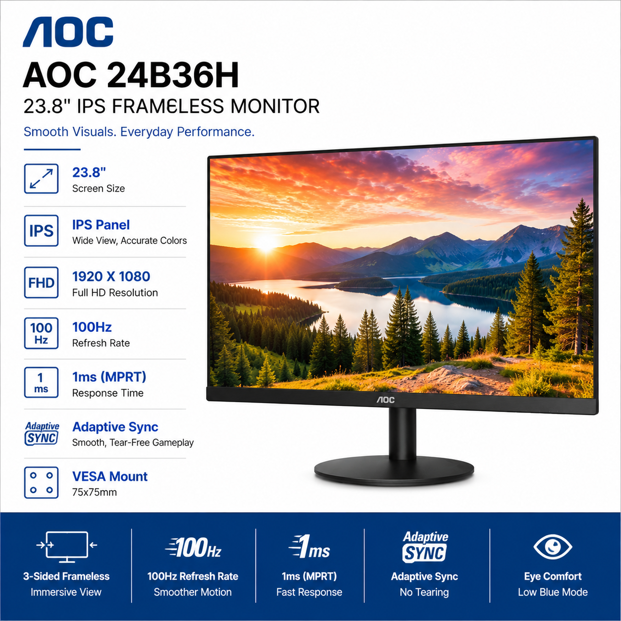 AOC 24B36H 23.8" IPS 100Hz 1ms Adaptive Sync Frameless VESA Monitor (1920X1080) (24B36H)