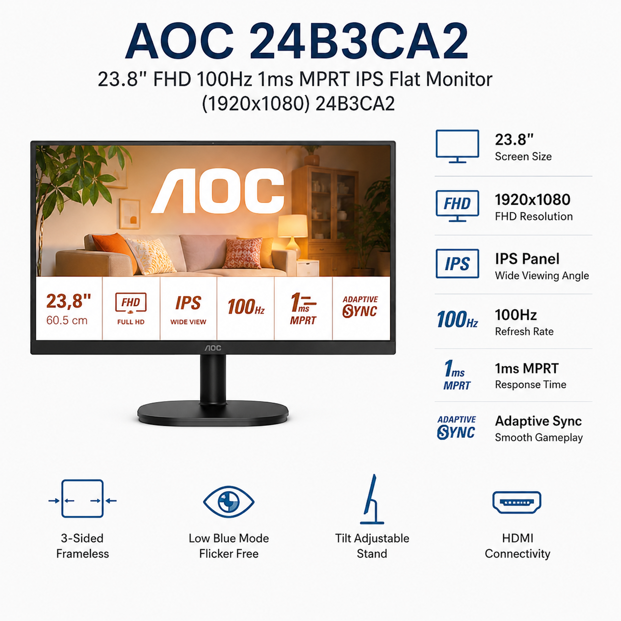 AOC 24B3CA2 23.8" FHD 100Hz 1ms MPRT IPS Flat Monitor (1920x1080) (24B3CA2)