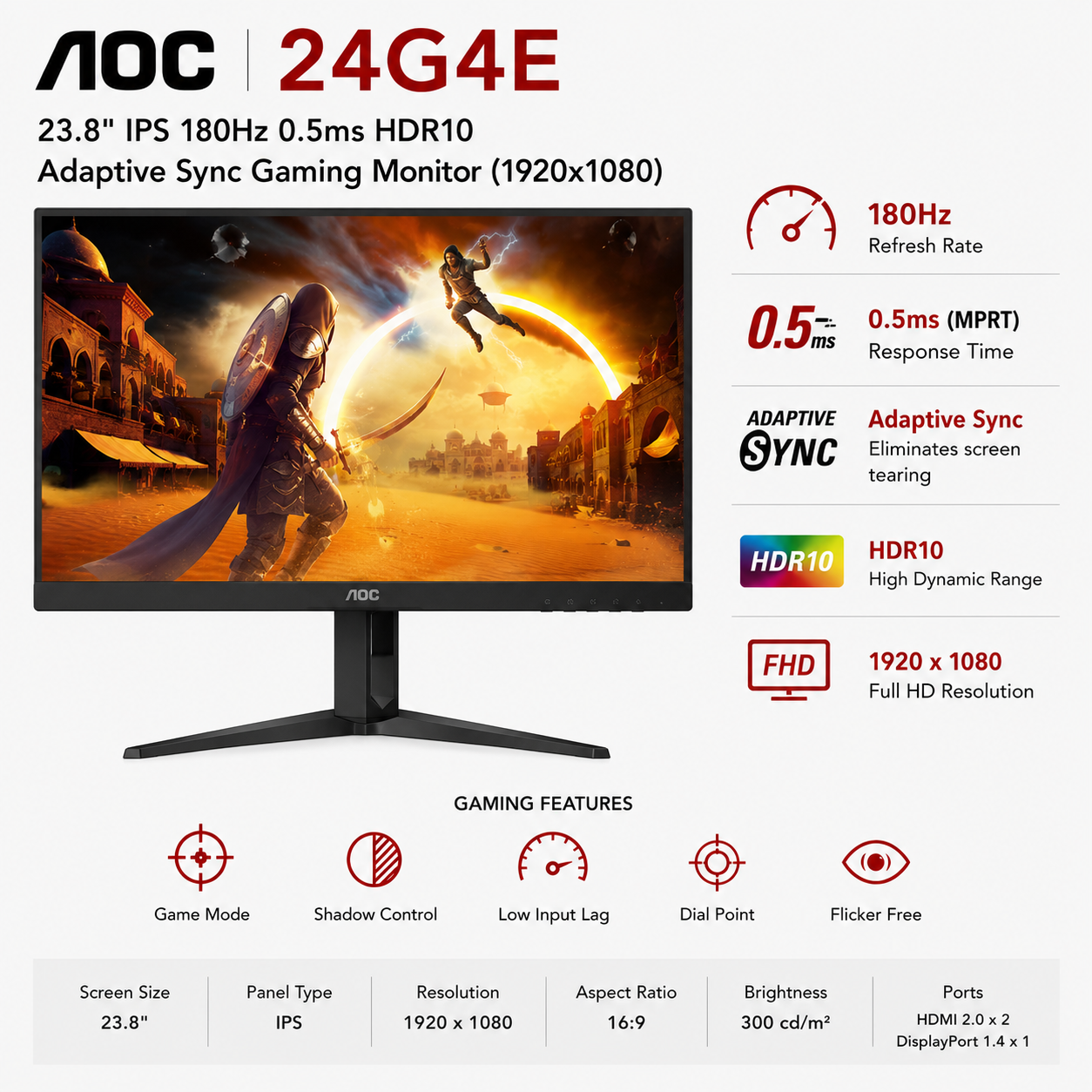 AOC 24G4E 23.8" IPS 180Hz 0.5ms HDR10 Adaptive Sync Gaming Monitor (1920X1080) (24G4E)