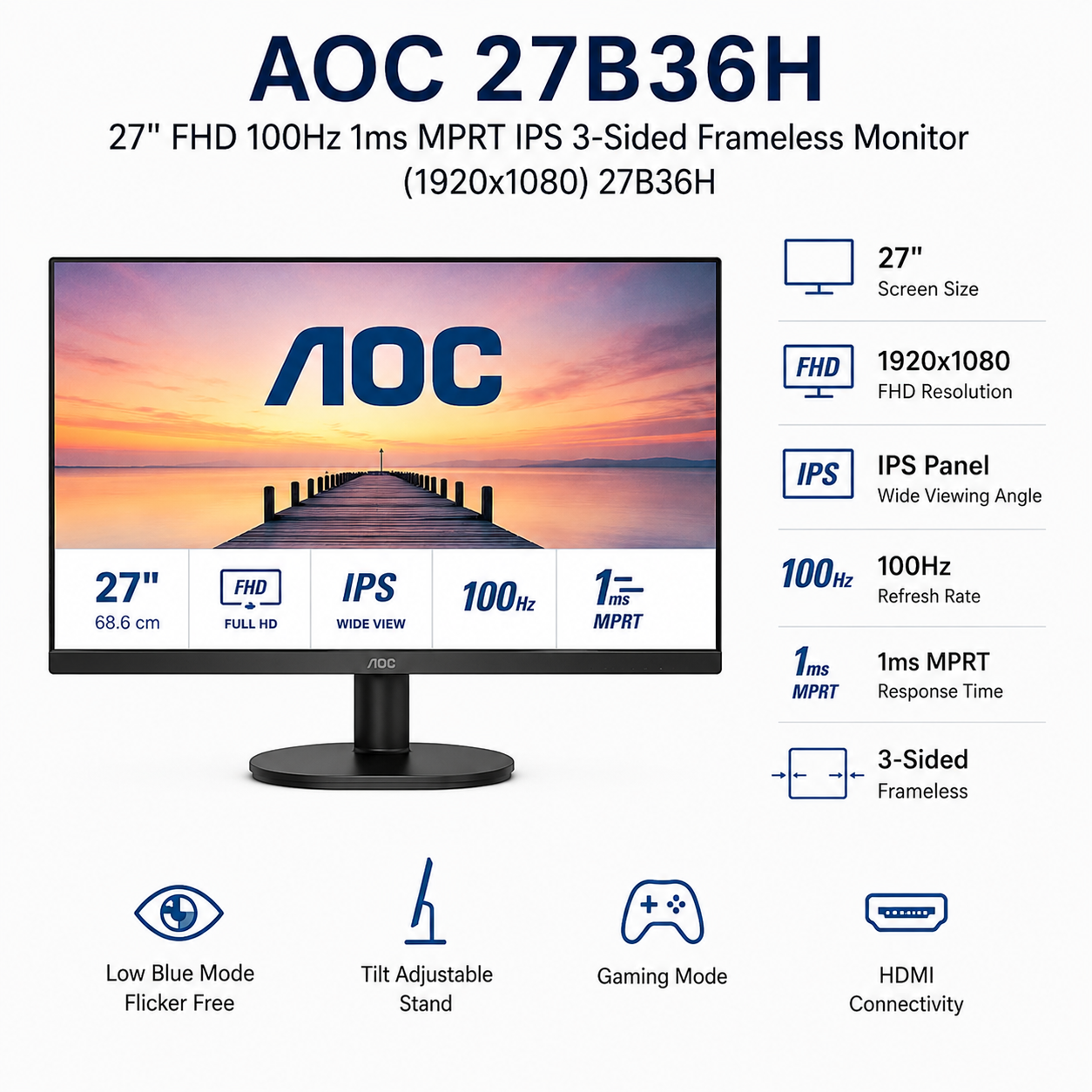 AOC 27B36H 27" FHD 100Hz 1ms MPRT IPS 3-Sided Frameless Monitor (1920x1080) (27B36H)