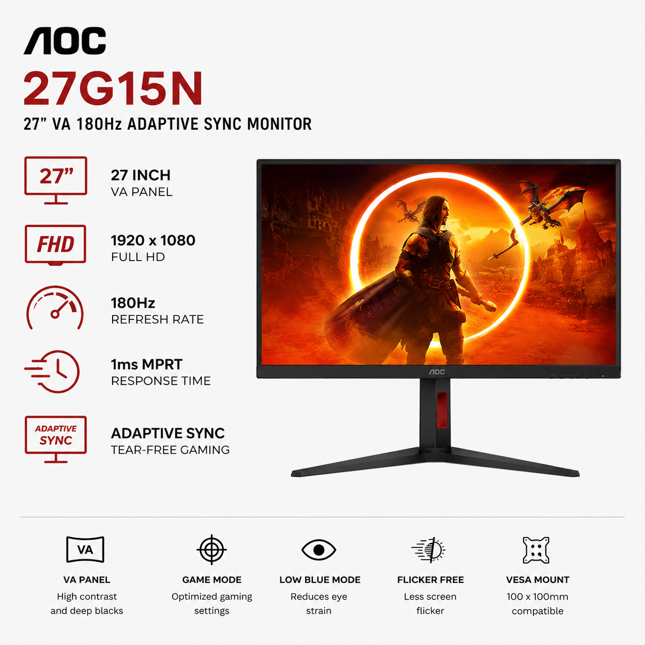 AOC 27G15N 27" VA 180Hz 1ms ADAPTIVE SYNC Monitor (1920X1080) (27G15N)