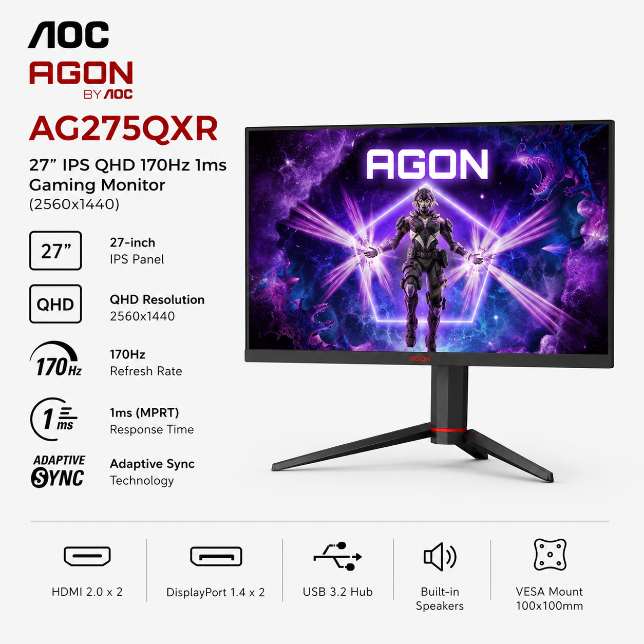 AOC Agon AG275QXR 27" IPS QHD 170Hz 1ms Gaming Monitor (2560x1440) (AG275QXR)