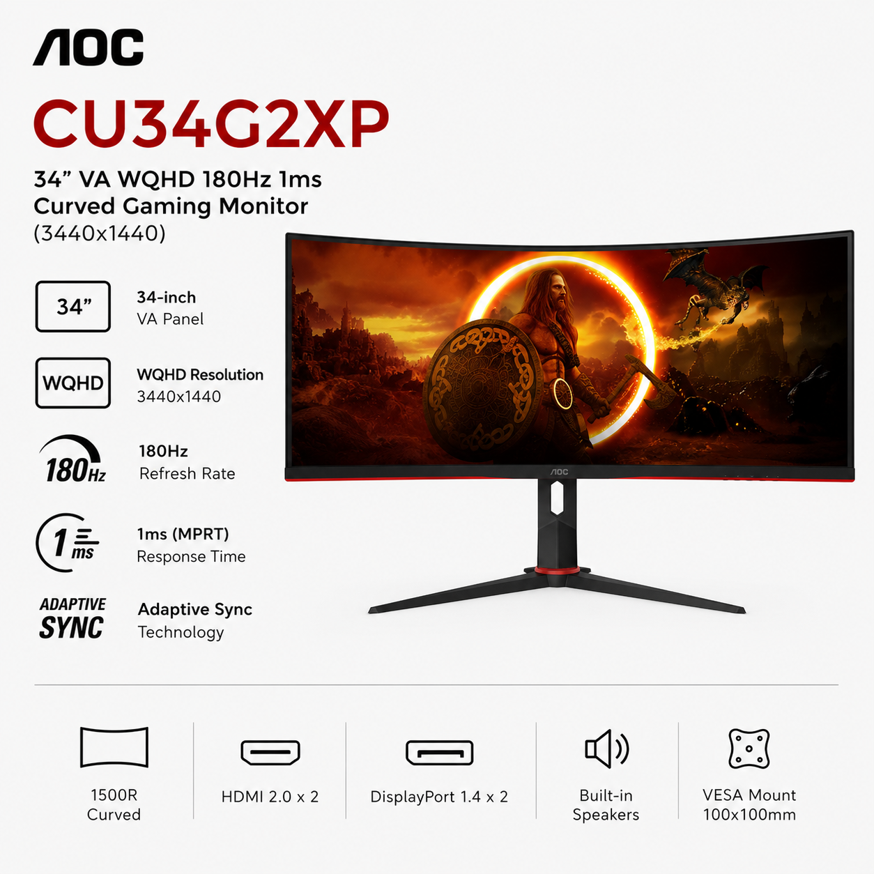 AOC CU34G2XP 34" VA WQHD 180Hz 1ms Curved Gaming Monitor (3440x1440) (CU34G2XP)
