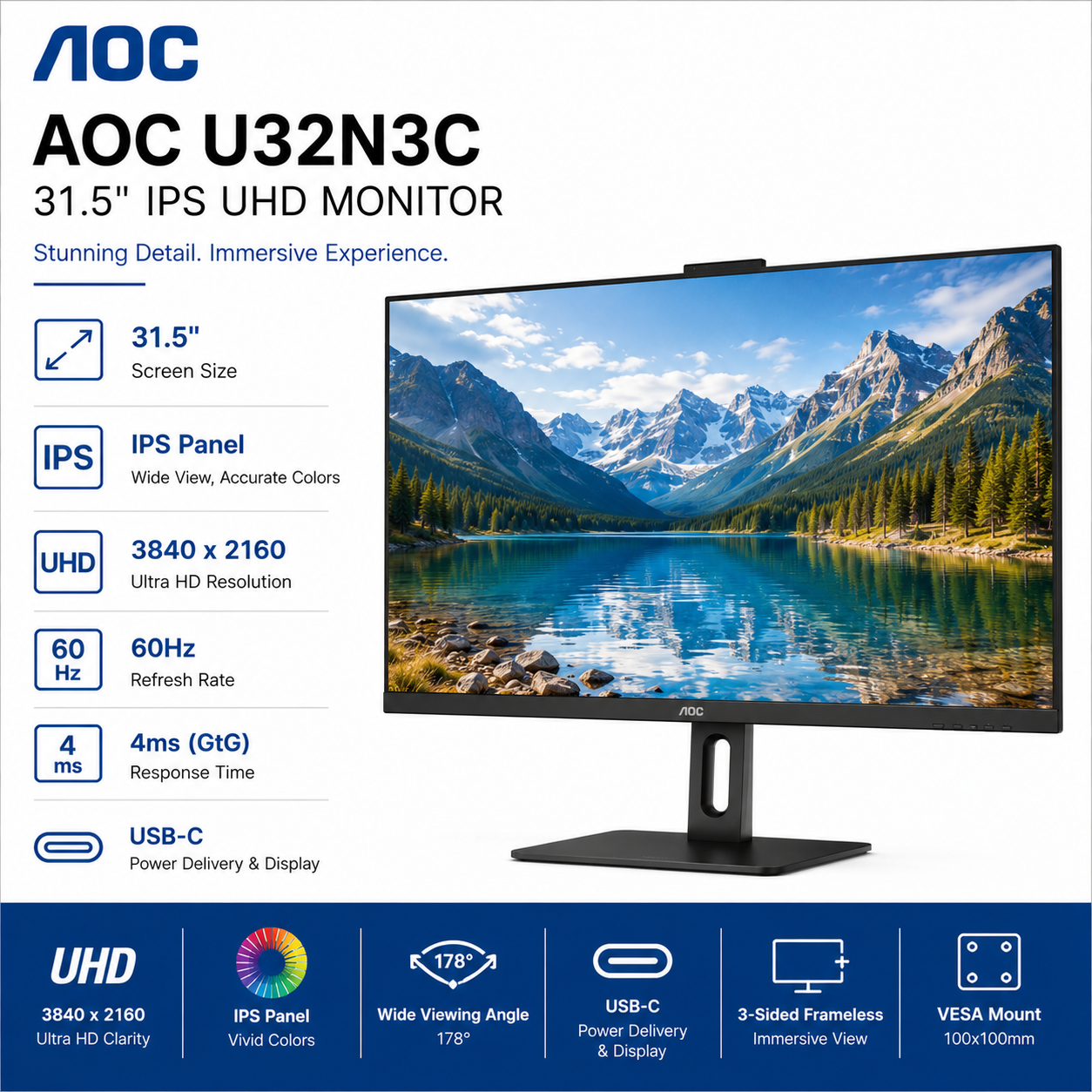 AOC U32N3C 31.5" IPS UHD 60Hz 4ms Monitor (3840X2160) (U32N3C)