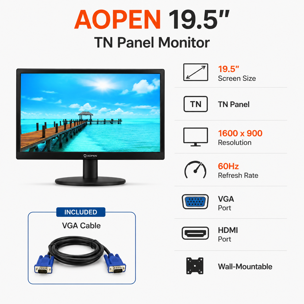 AOPEN 19.5" TN Panel, 1600 x 900, 60Hz,Vga, HDMI, wall-mountable, with Vga Cable (20CH1Q)