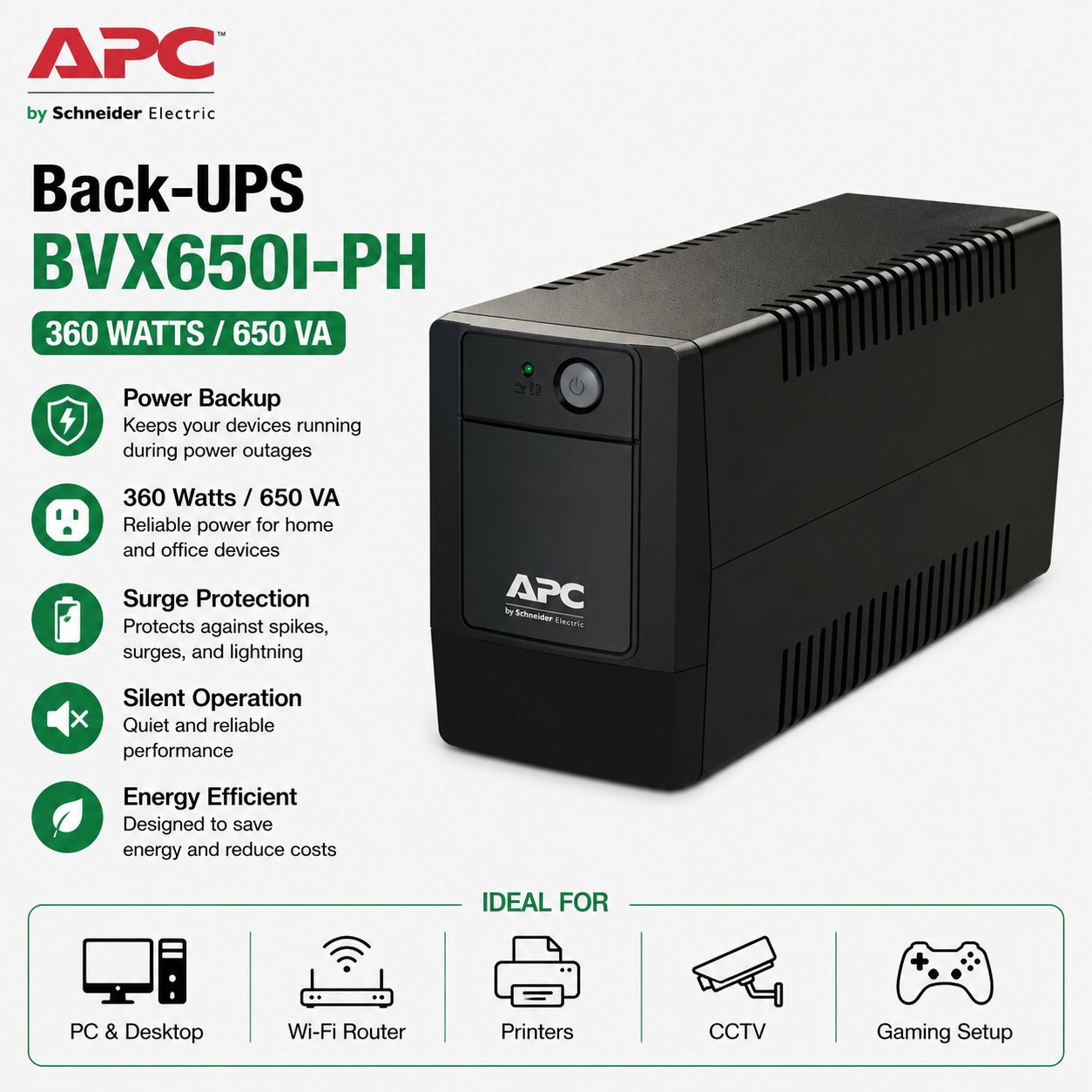 APC Back-UPS BVX650I-PH 360WATTS/650VA (BVX650I-PH)