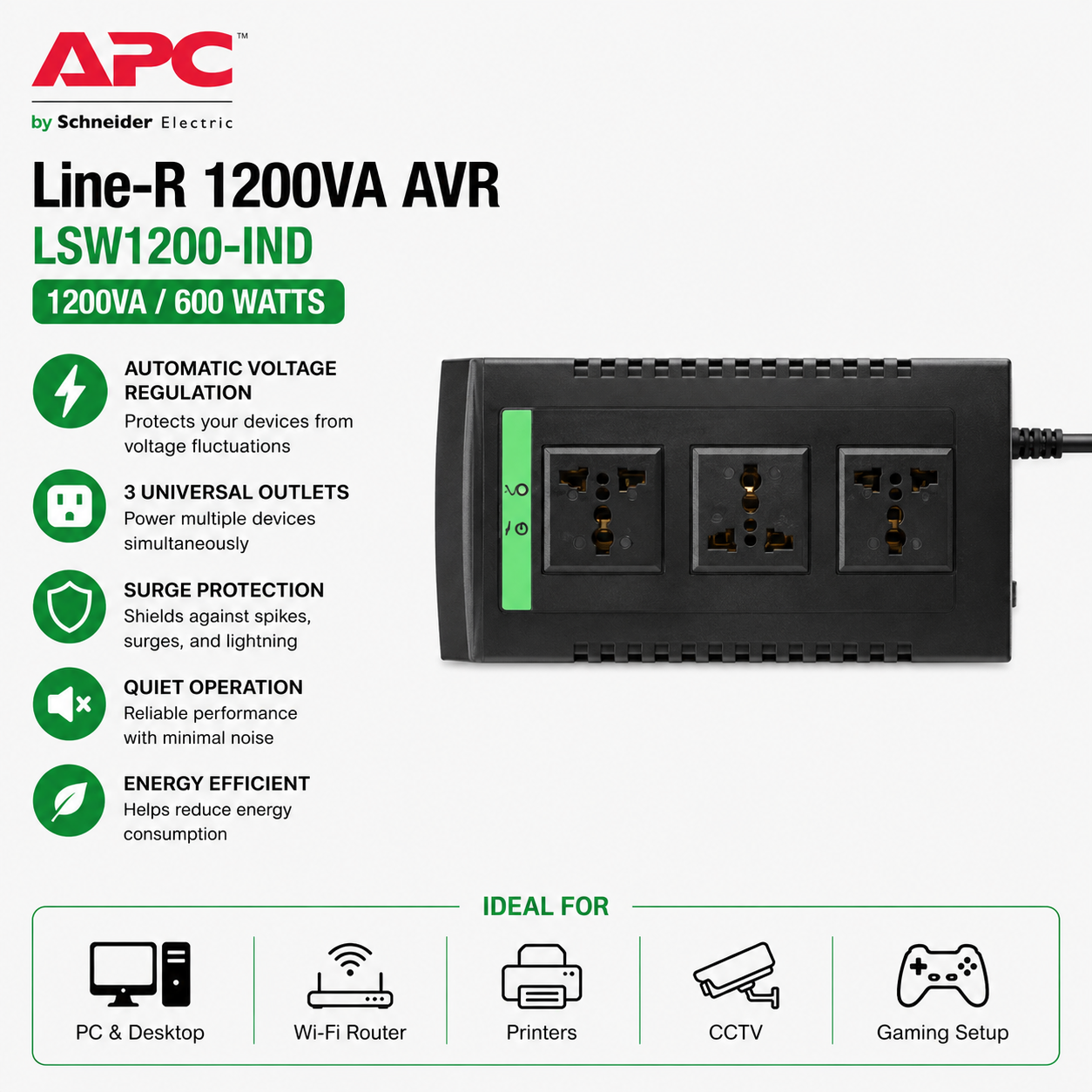 APC LSW1200-IND Line-R 1200va AVR 3 Outlets, 600watts (LSW1200-IND)