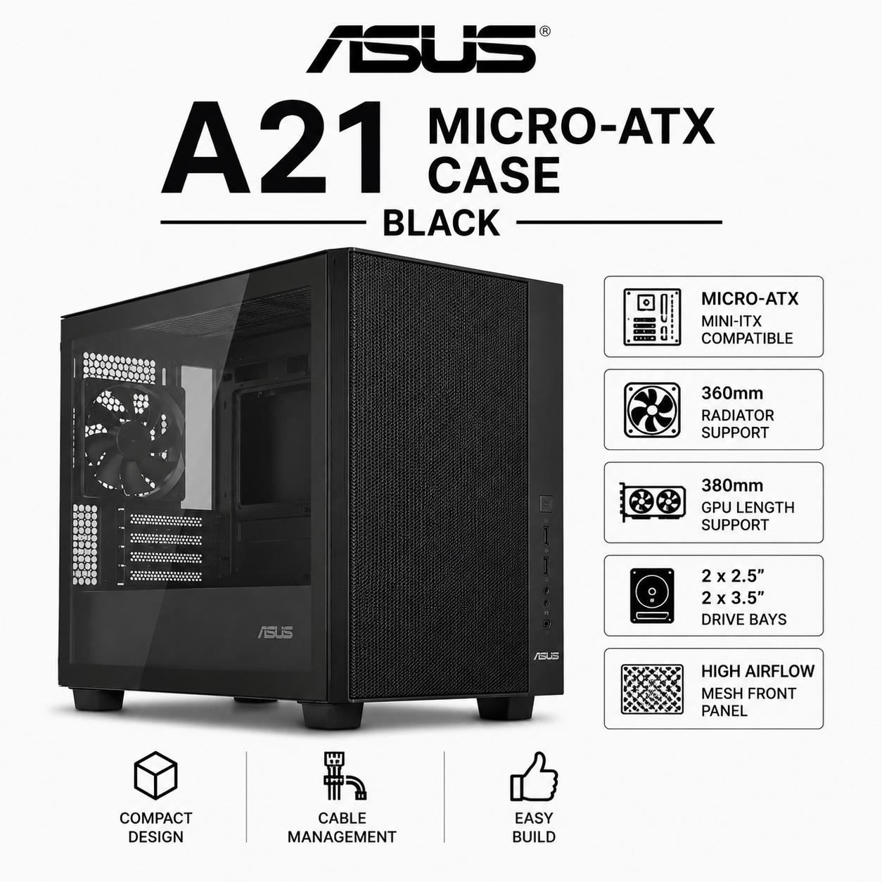 ASUS A21 MICRO-ATX CASE - BLACK (A21 Black)