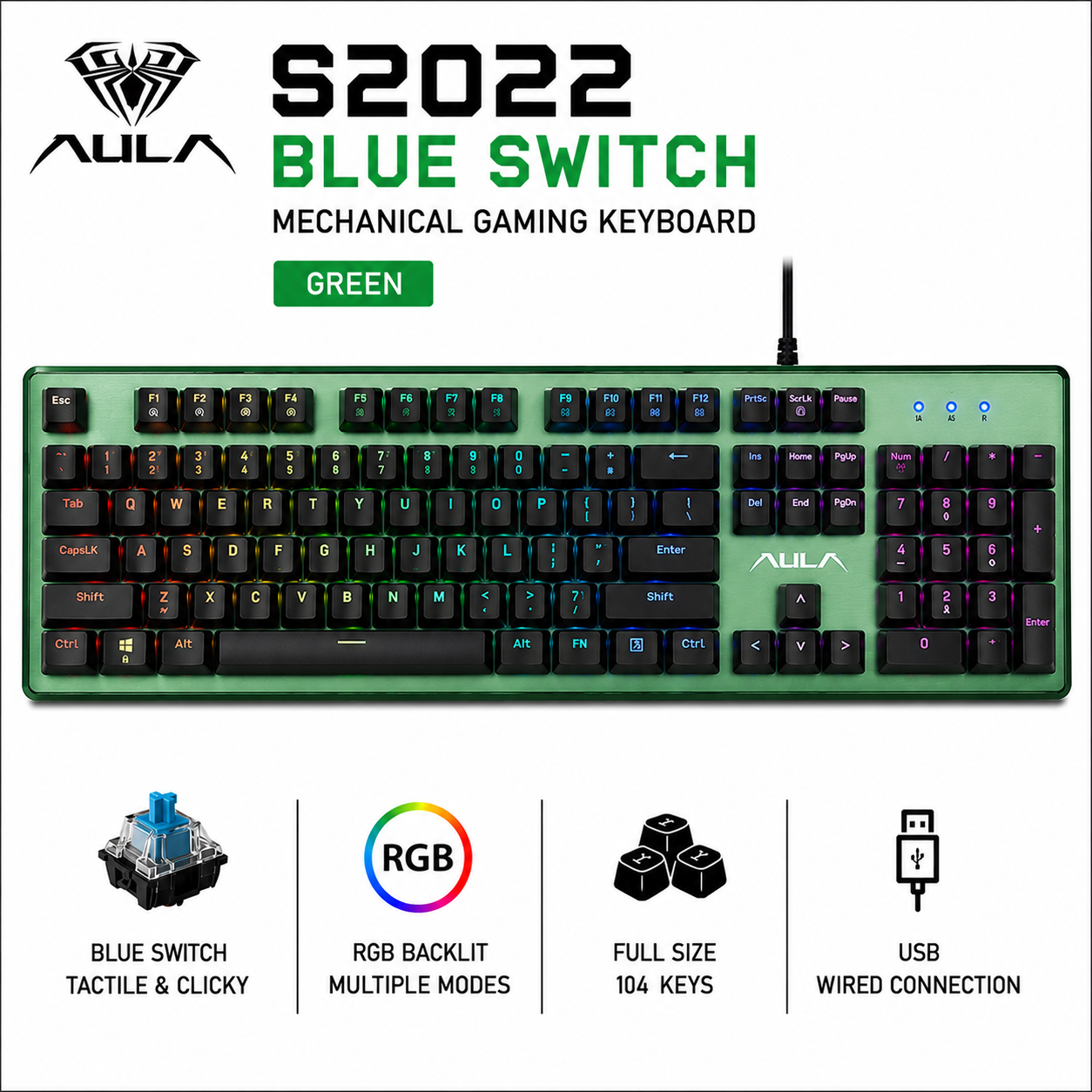 AULA S2022 Blue Switch Mechanical Gaming Keyboard - Green (S2022-GRE)