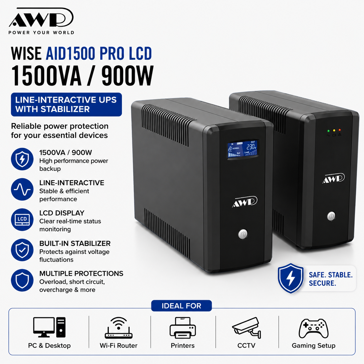 AWP Wise AID1500 Pro LCD 1500VA 900W Line-Interactive UPS with Stabilizer (AID1500-PRO-LCD)