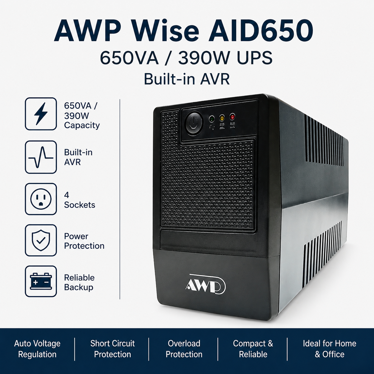 AWP Wise AID650 650va 390w, Built-in AVR UPS 4-Sockets (AID650)