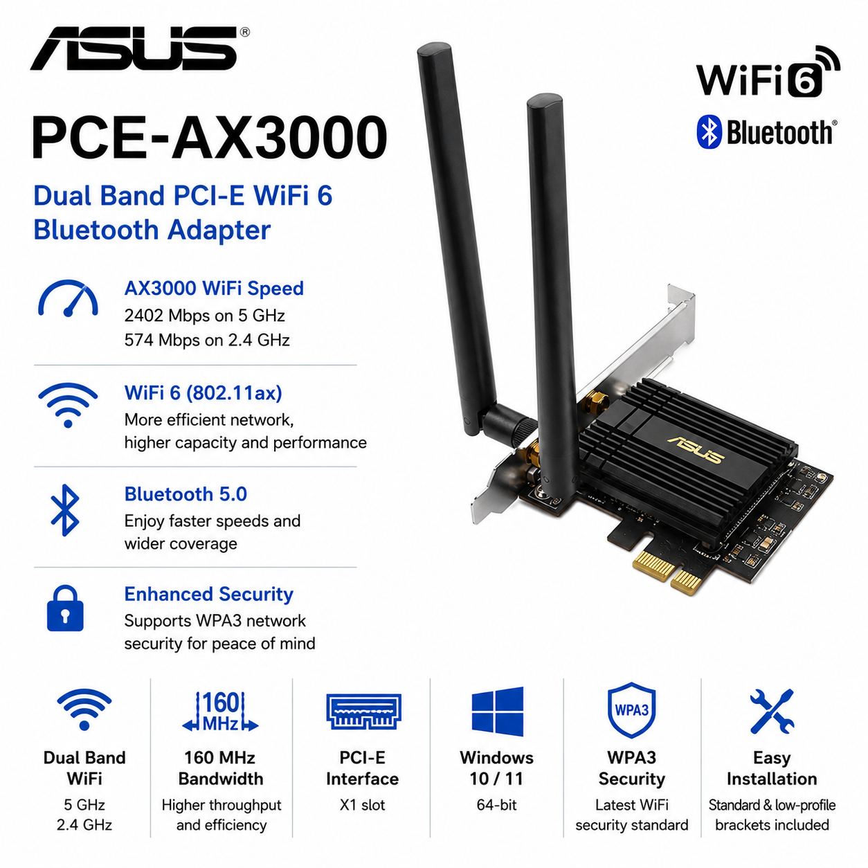 Asus PCE-AX3000 Dual Band PCI-E WIFI 6 Bluetooth Adapter (PCE-AX3000)