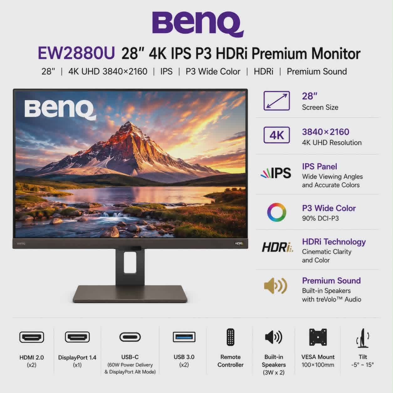 BenQ EW2880U 28" 4K IPS P3 HDRi Premium Monitor (EW2880U)