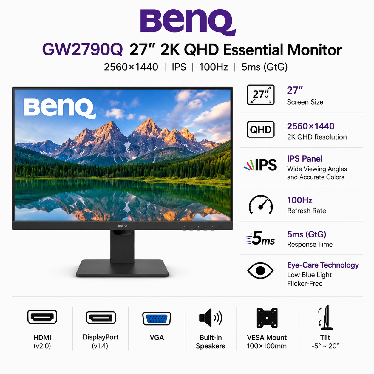 BenQ GW2790Q 27″ 2560×1440 2K QHD 100Hz IPS 5ms Essential Monitor (GW2790Q)