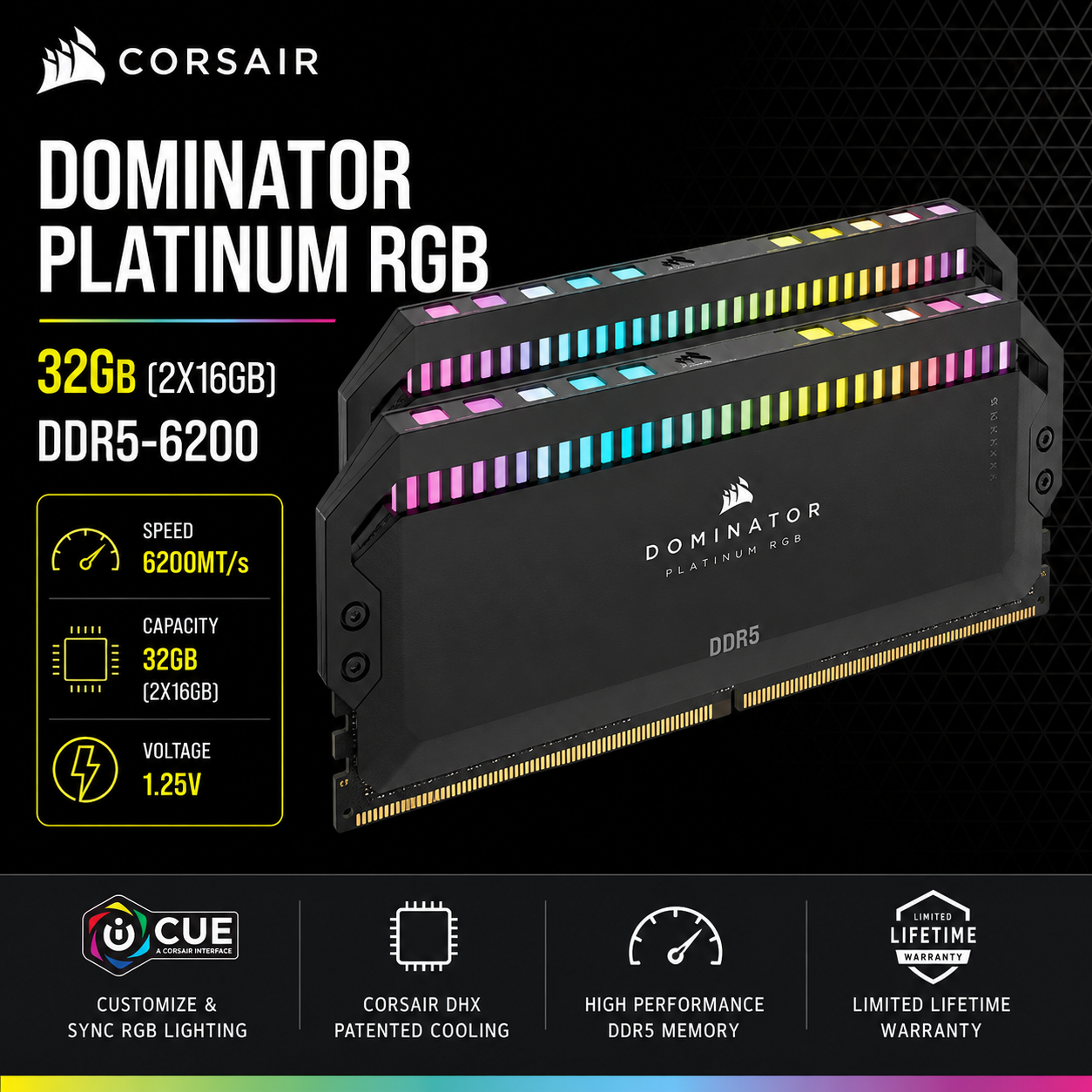 CORSAIR DOMINATOR PLATINUM RGB 32GB(2X16GB) DDR5-6200 (CMT32GX5M2D6000Z36)