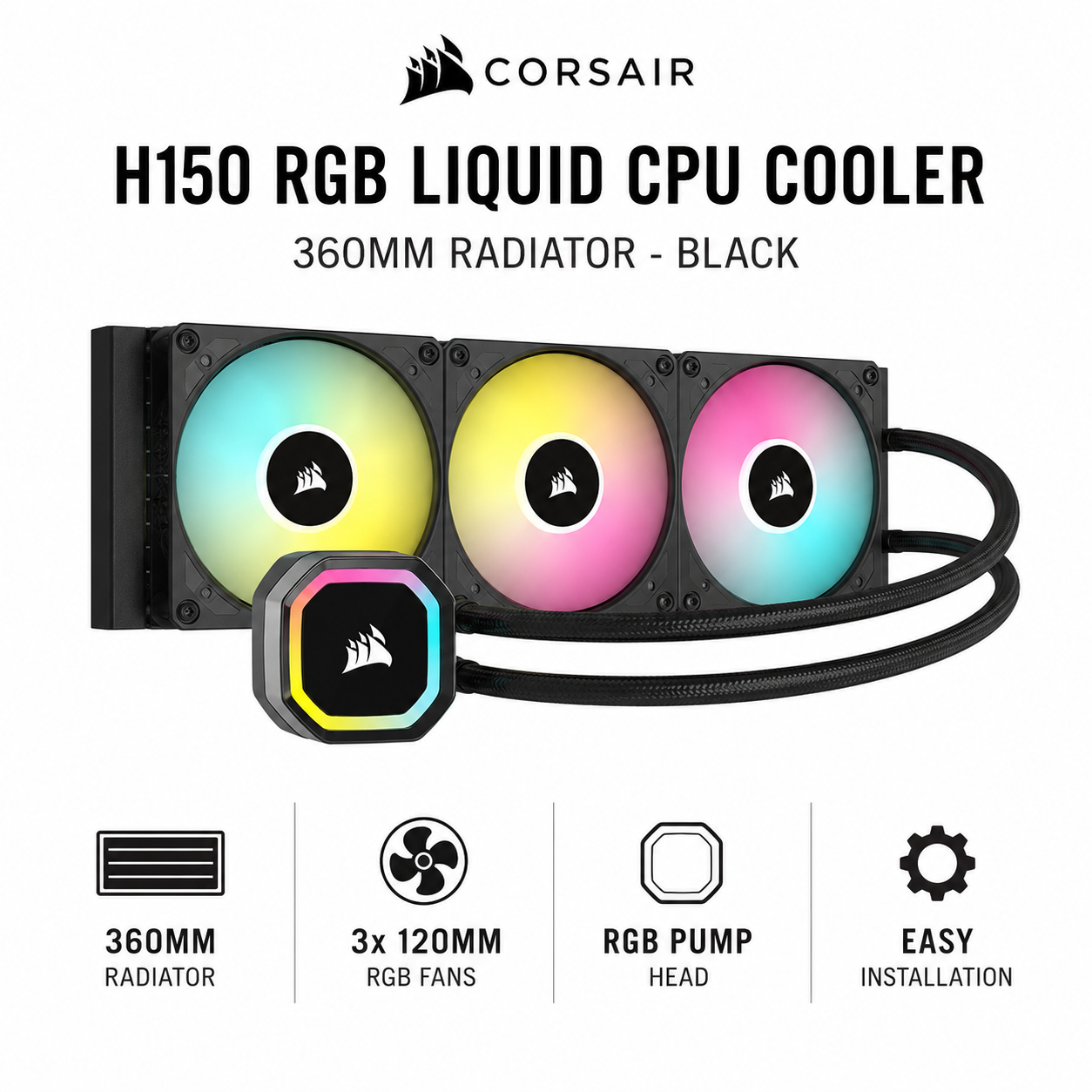 CORSAIR H150 RGB LIQUID CPU COOLER - 360MM RADIATOR - Black (CMP32GX5M2X7200C34)