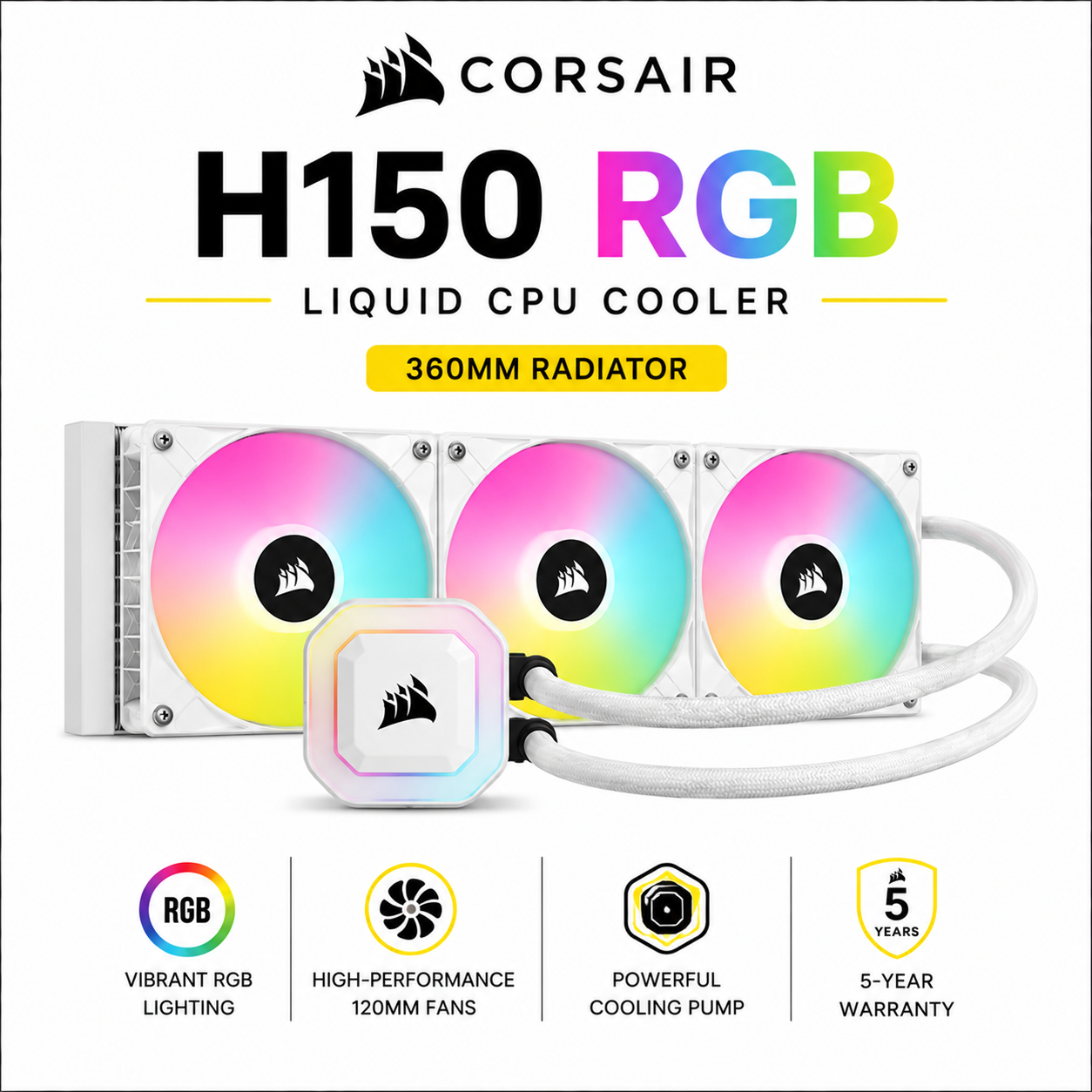 CORSAIR H150 RGB LIQUID CPU COOLER - 360MM RADIATOR - White (CW-9060054-WW)