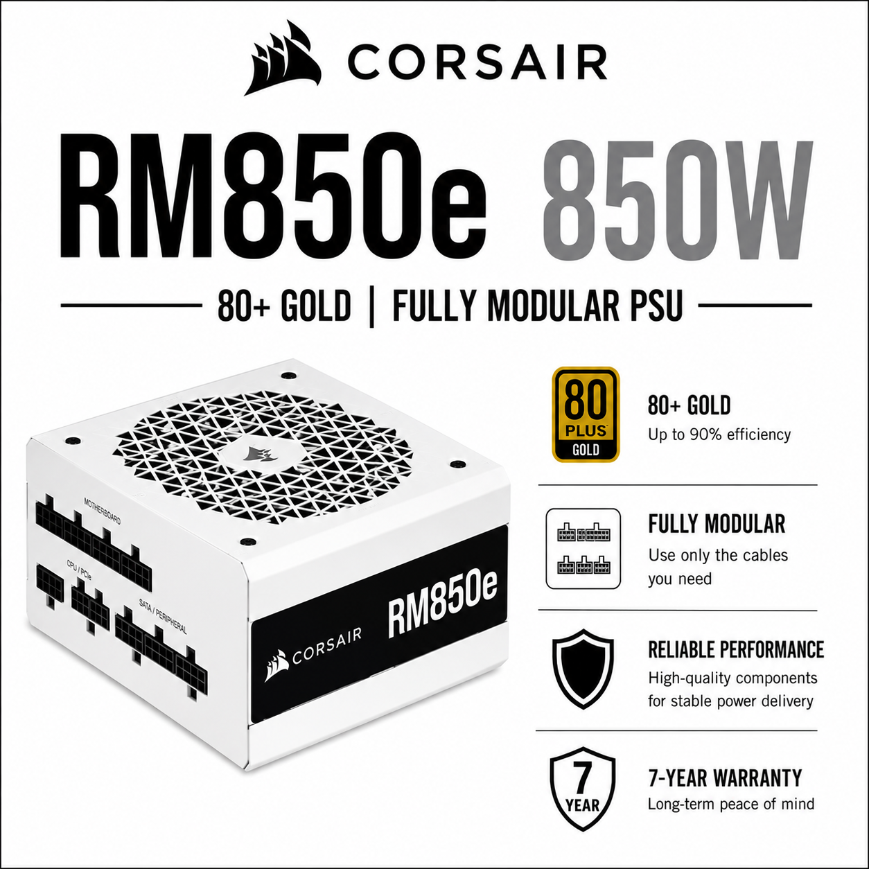 CORSAIR RM850e 850W 80+ GOLD Fully Modular PSU (CP-9020265-NA)