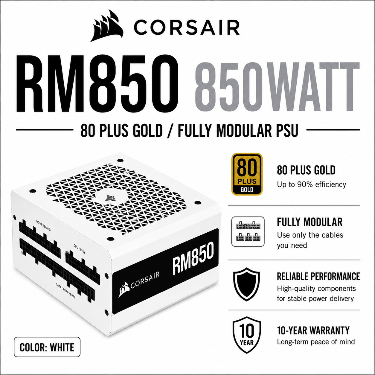 CORSAIR RM WHITE RM850 850WATT 80 PLUS GOLD/FULLY MODULAR PSU (CP-9020231-NA)