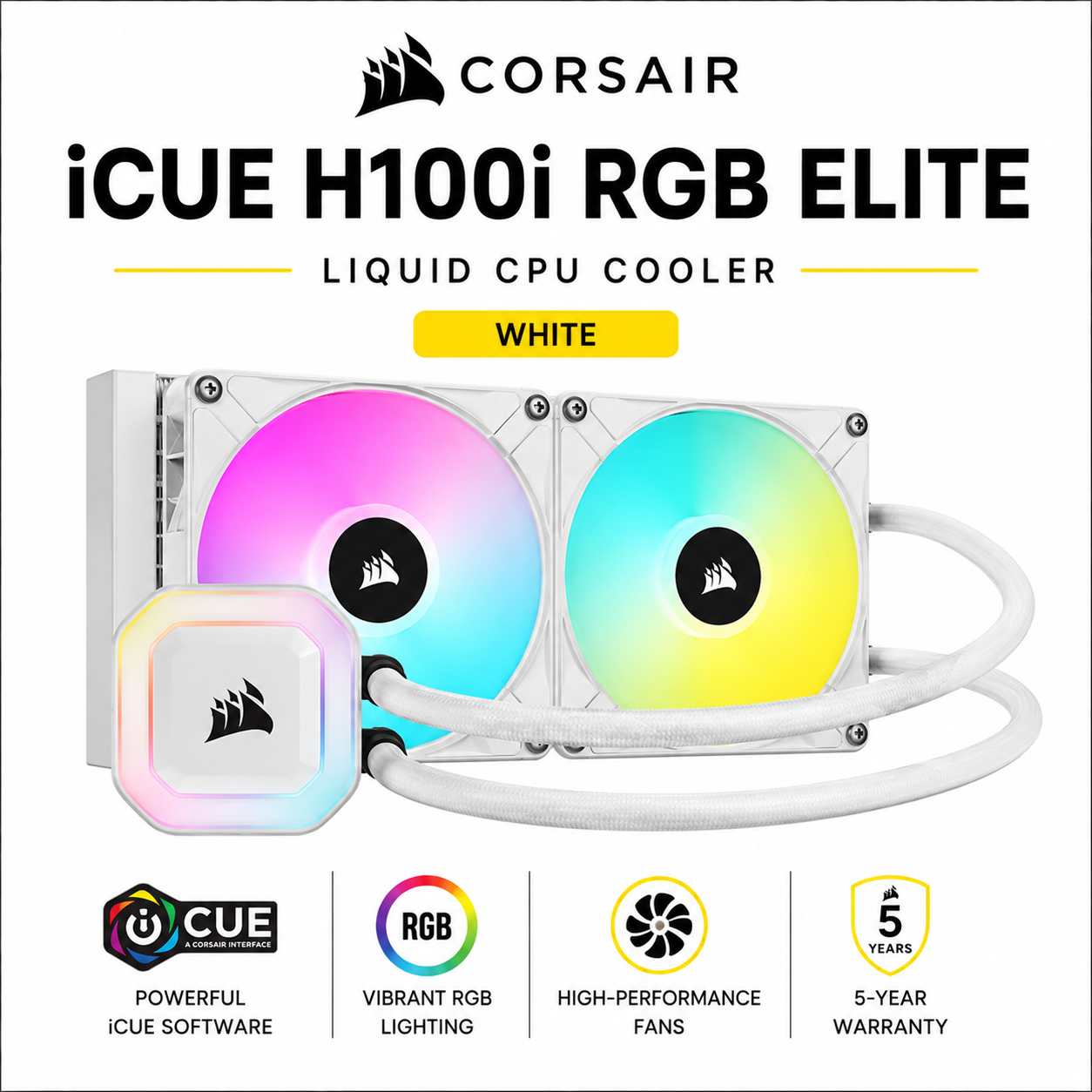CORSAIR iCUE H100i RGB ELITE Liquid CPU Cooler - White (CO-9050167-WW)