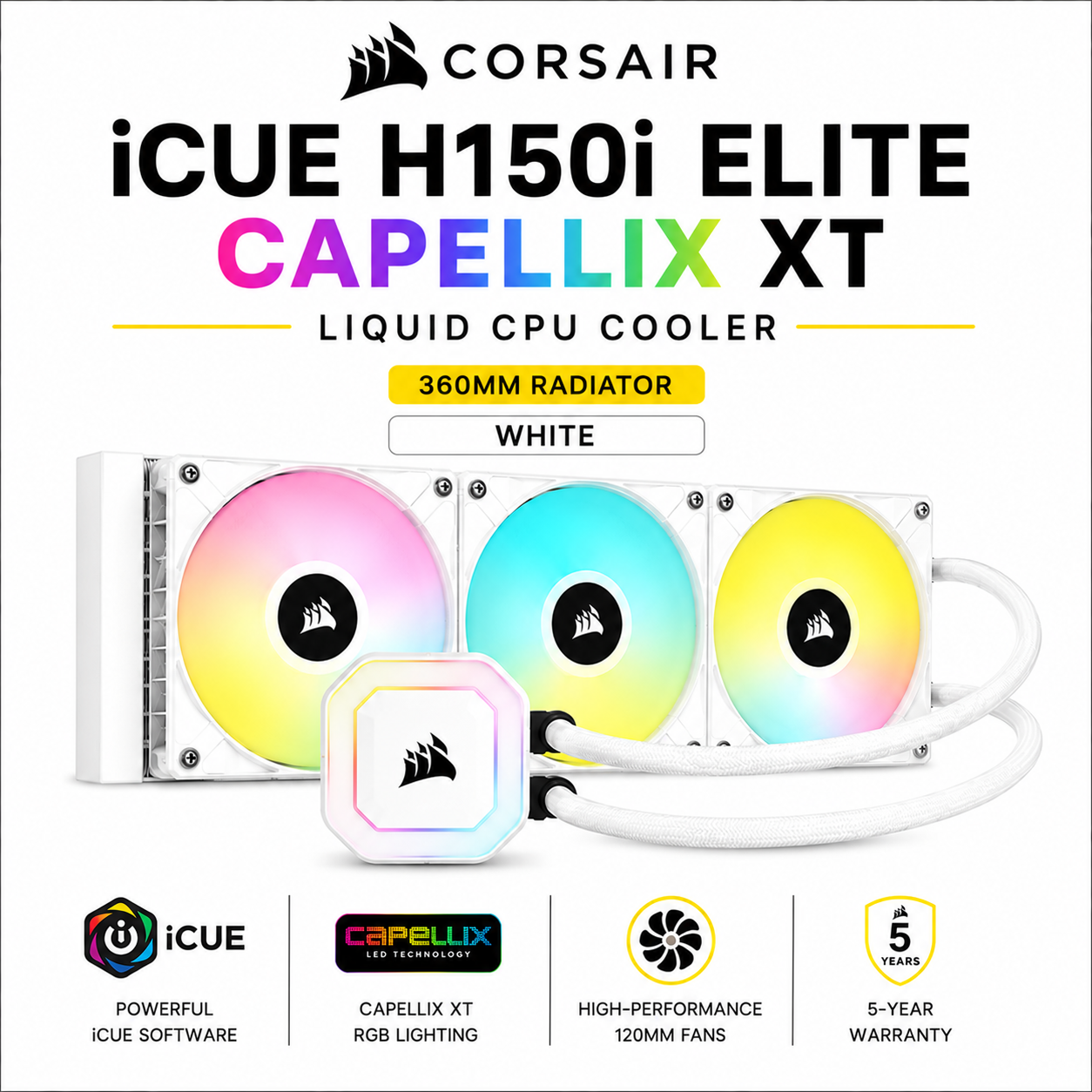 CORSAIR iCUE H150i ELITE CAPELLIX XT 360MM RADIATOR LIQUID CPU COOLER - WHITE (CW-9060070-WW)