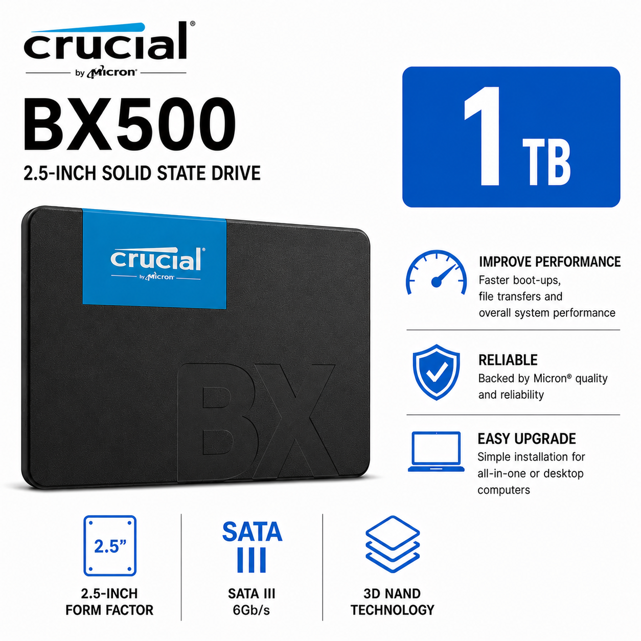 CRUCIAL BX500 1TB 3D NAND SATA 2.5 inch SSD (CT240BX500SSD1)