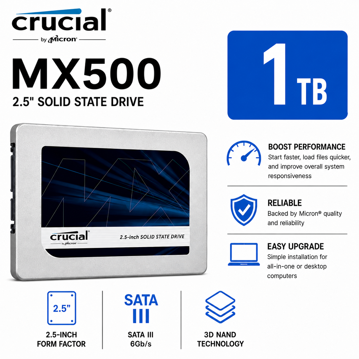 CRUCIAL MX500 1TB 3D NAND SATA 2.5" SSD (CT250MX500SSD1)