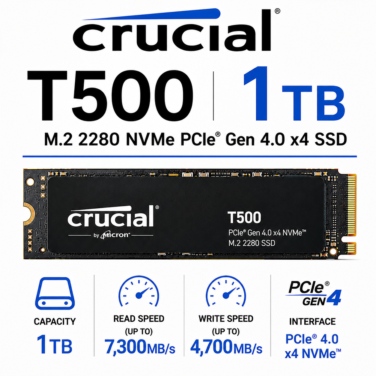 CRUCIAL T500 1TB M.2 2280 NVMe PCIe Gen 4.0 x4 SSD (CT2000T500SSD5)