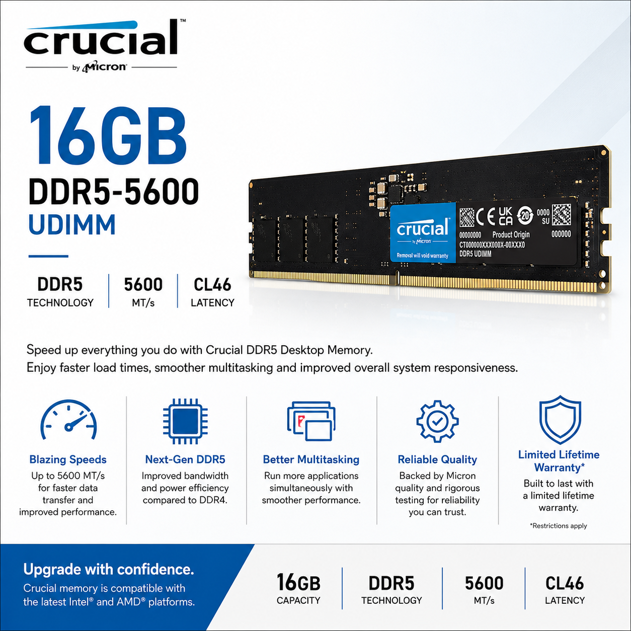 Crucial - 16GB DDR5-5600 MHz CL 46 UDIMM (CT1000BX500SSD1)