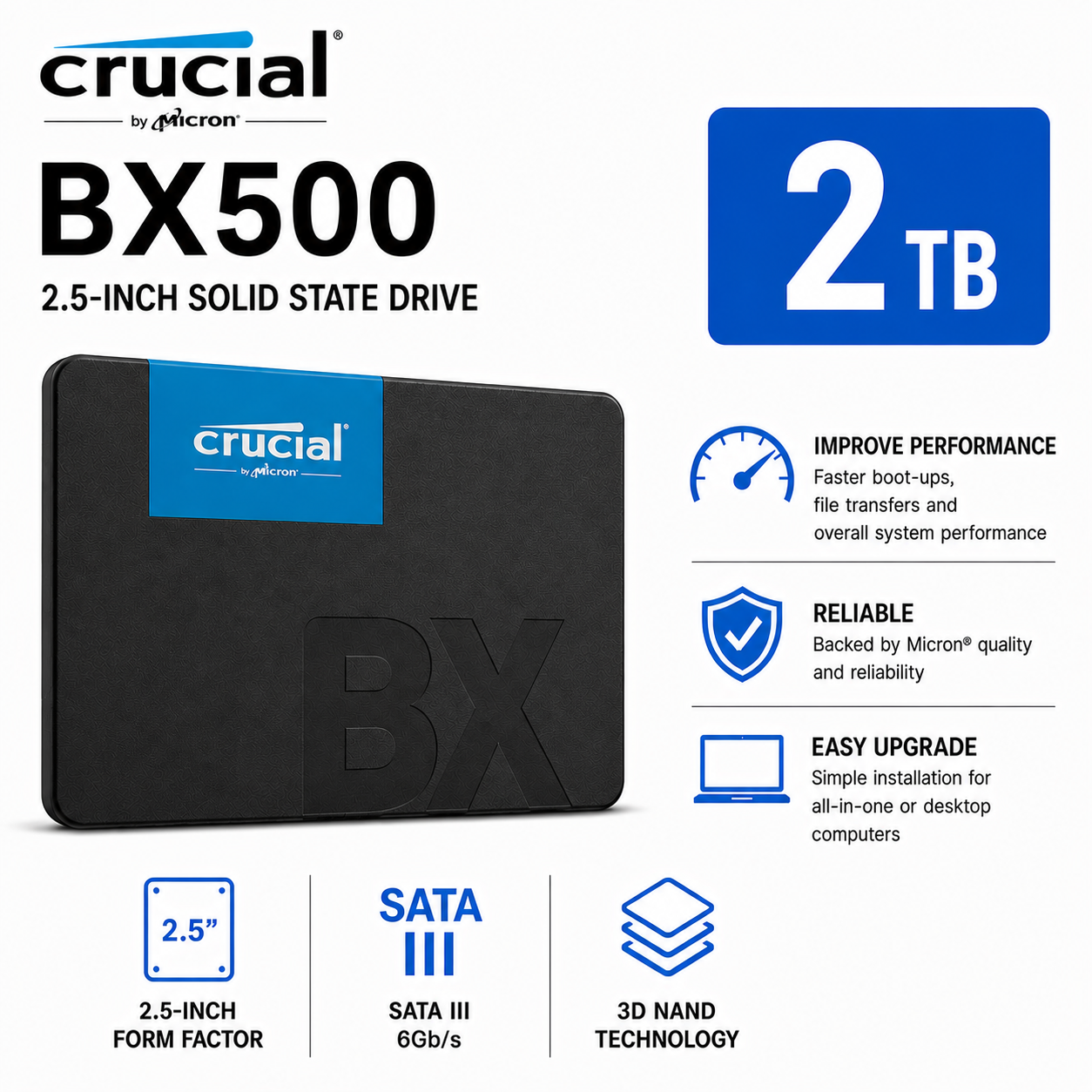 Crucial BX500 2TB 3D NAND SATA 2.5 inch SSD (CT4000BX500SSD1)