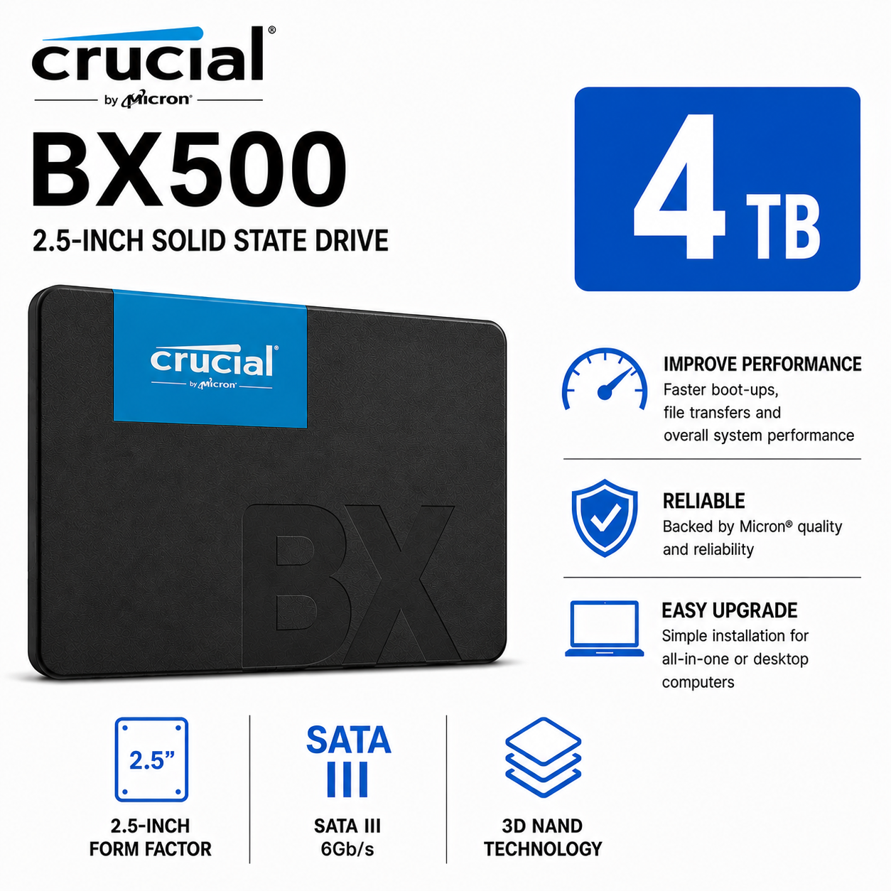 Crucial BX500 4TB 3D NAND SATA 2.5 inch SSD (CT500BX500SSD1)