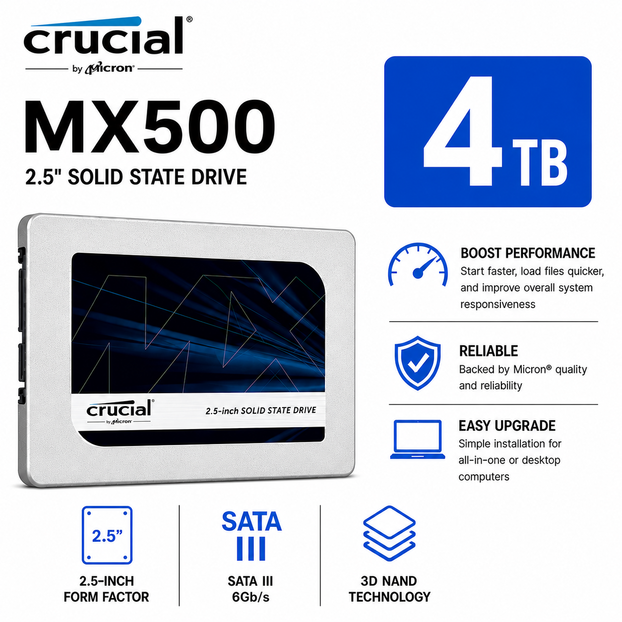 Crucial MX500 4TB 3D NAND SATA 2.5" SSD (CT500MX500SSD1)