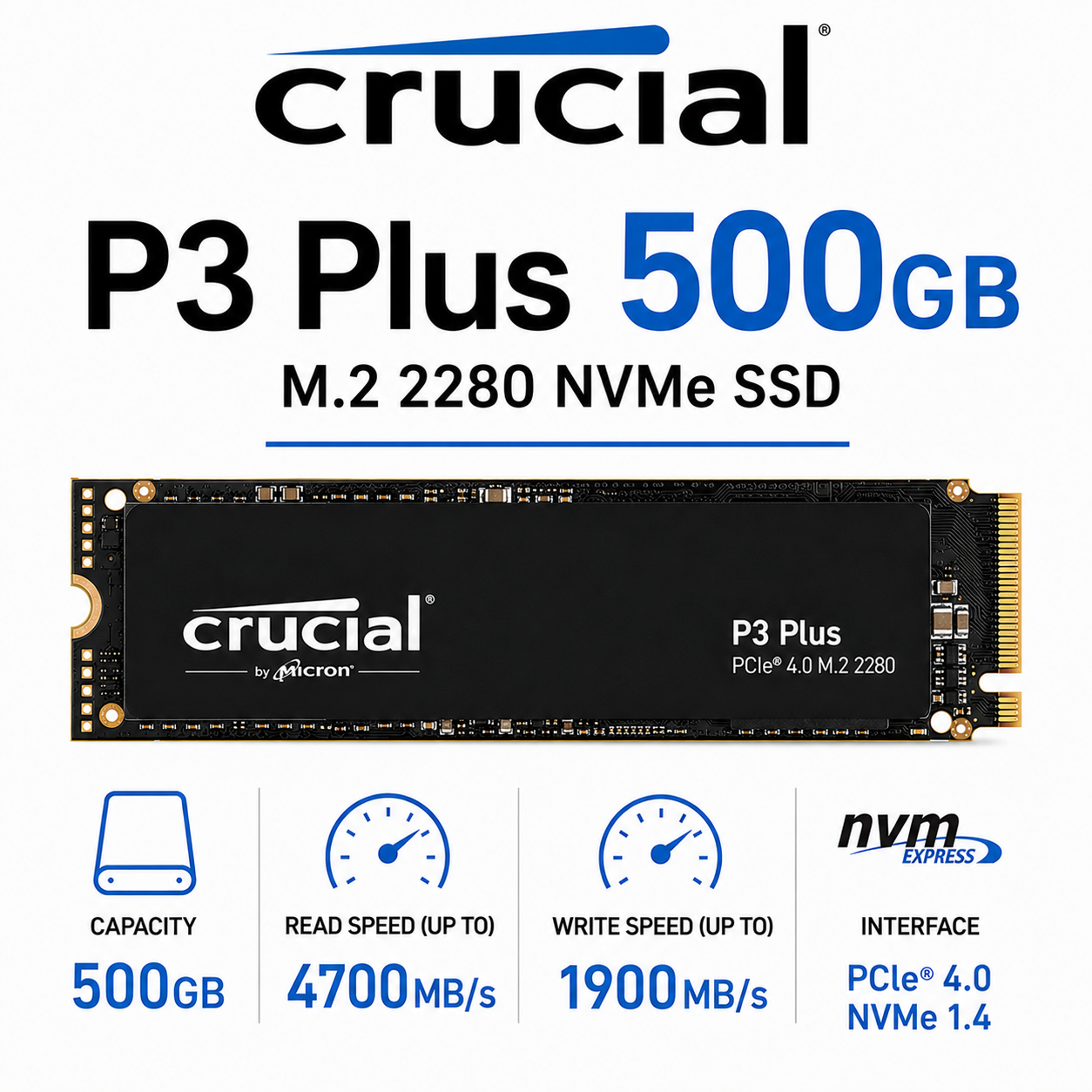 Crucial P3 Plus 500GB M.2 2280 NVMe SSD (CT1000T500SSD5)